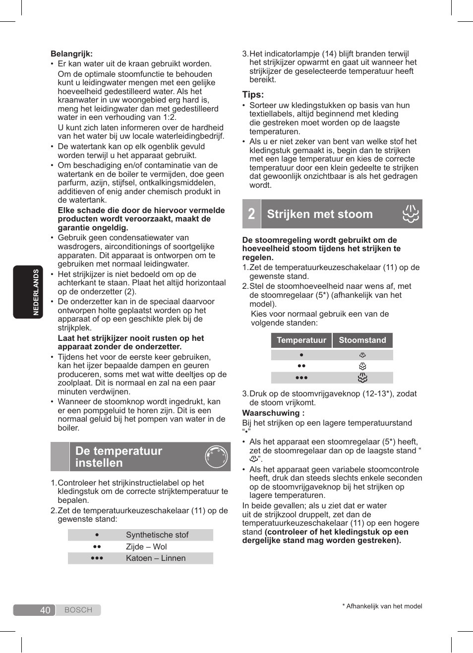 De temperatuur instellen, Strijken met stoom | Bosch TDS3511 weiß schwarz Dampfstation Sensixx B35L User Manual | Page 40 / 160