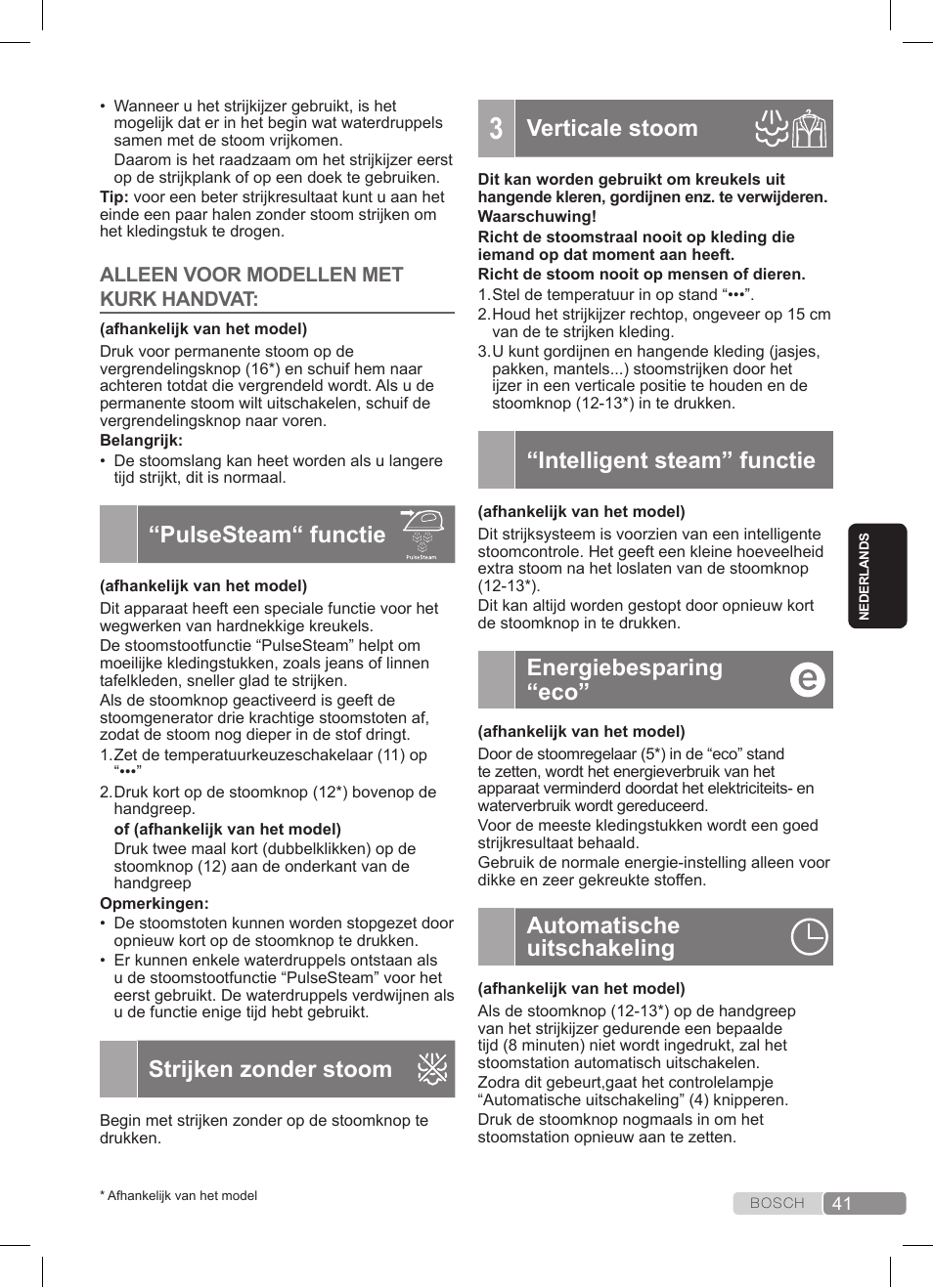 Pulsesteam“ functie, Strijken zonder stoom, Verticale stoom | Intelligent steam” functie, Energiebesparing “eco, Automatische uitschakeling | Bosch TDS3511 weiß schwarz Dampfstation Sensixx B35L User Manual | Page 41 / 160