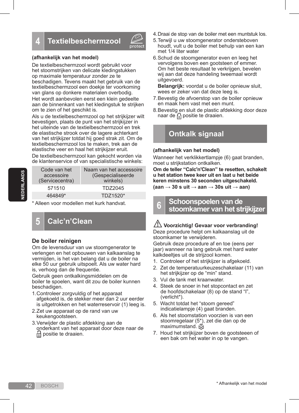 Textielbeschermzool, Calc’n’clean, Ontkalk signaal | Bosch TDS3511 weiß schwarz Dampfstation Sensixx B35L User Manual | Page 42 / 160