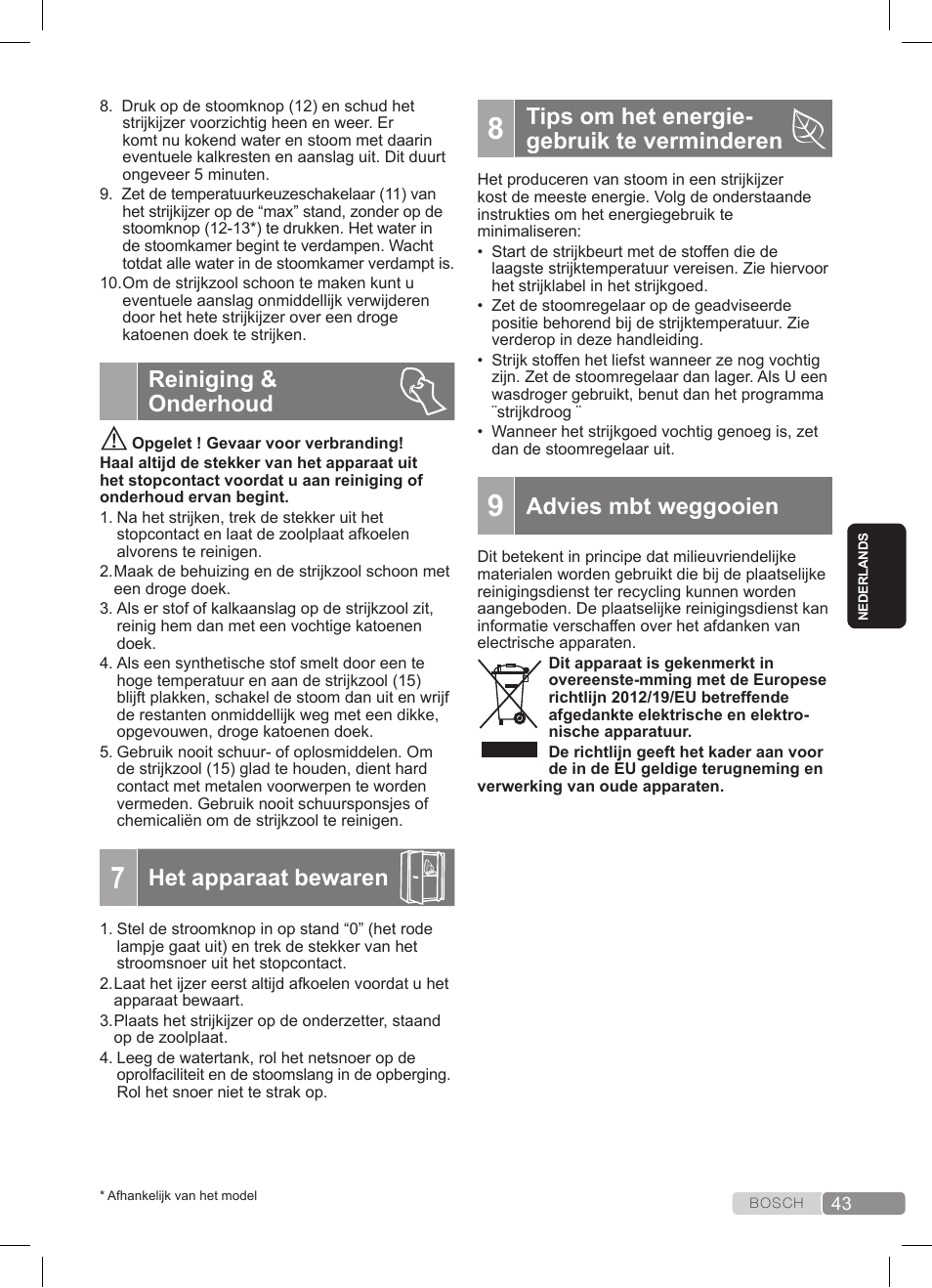 Reiniging & onderhoud, Het apparaat bewaren, Tips om het energie- gebruik te verminderen | Advies mbt weggooien | Bosch TDS3511 weiß schwarz Dampfstation Sensixx B35L User Manual | Page 43 / 160