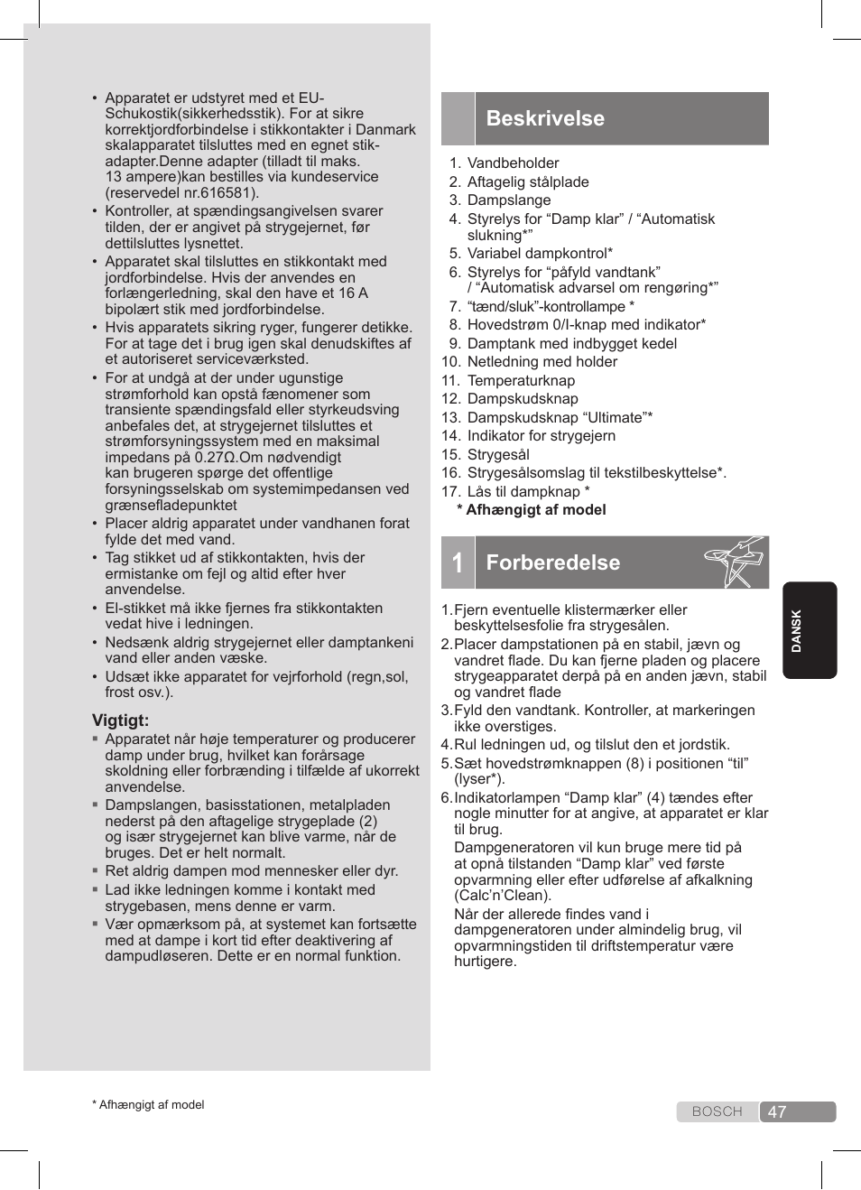 Beskrivelse, Forberedelse | Bosch TDS3511 weiß schwarz Dampfstation Sensixx B35L User Manual | Page 47 / 160