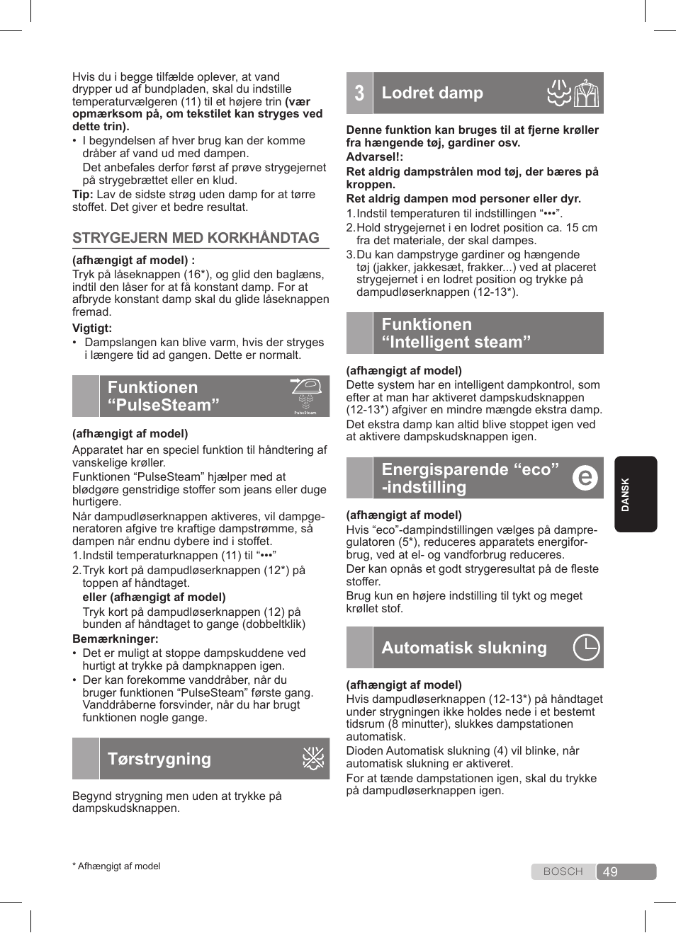 Funktionen “pulsesteam, Tørstrygning, Lodret damp | Funktionen “intelligent steam, Energisparende “eco” -indstilling, Automatisk slukning | Bosch TDS3511 weiß schwarz Dampfstation Sensixx B35L User Manual | Page 49 / 160