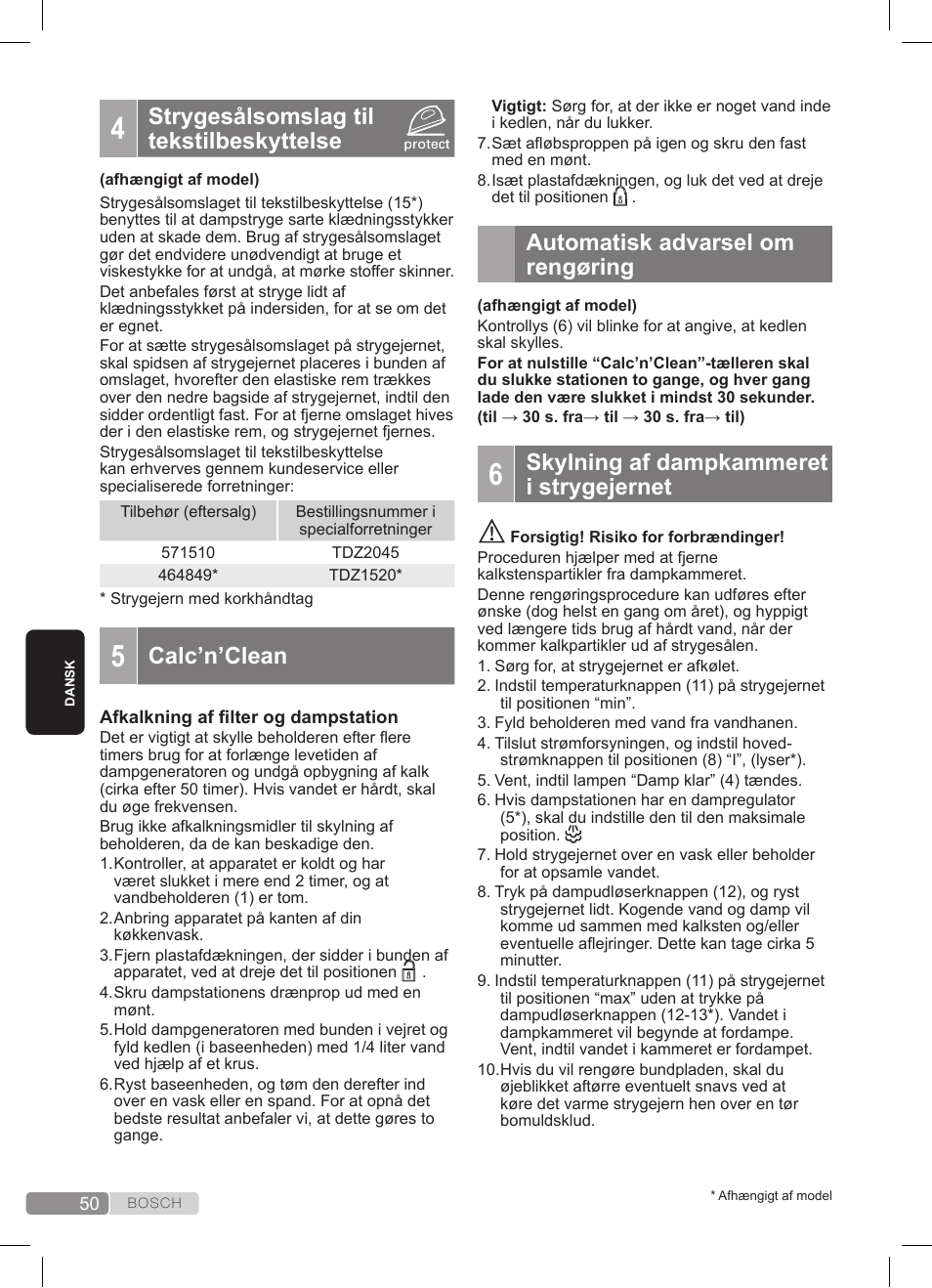 Strygesålsomslag til tekstilbeskyttelse, Calc’n’clean, Automatisk advarsel om rengøring | Skylning af dampkammeret i strygejernet | Bosch TDS3511 weiß schwarz Dampfstation Sensixx B35L User Manual | Page 50 / 160
