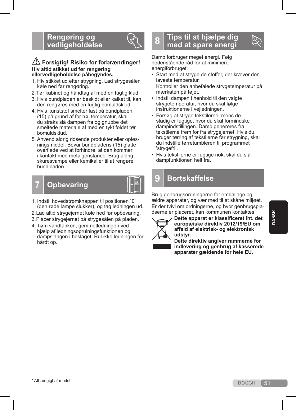 Rengøring og vedligeholdelse, Opbevaring, Tips til at hjælpe dig med at spare energi | Bortskaffelse | Bosch TDS3511 weiß schwarz Dampfstation Sensixx B35L User Manual | Page 51 / 160