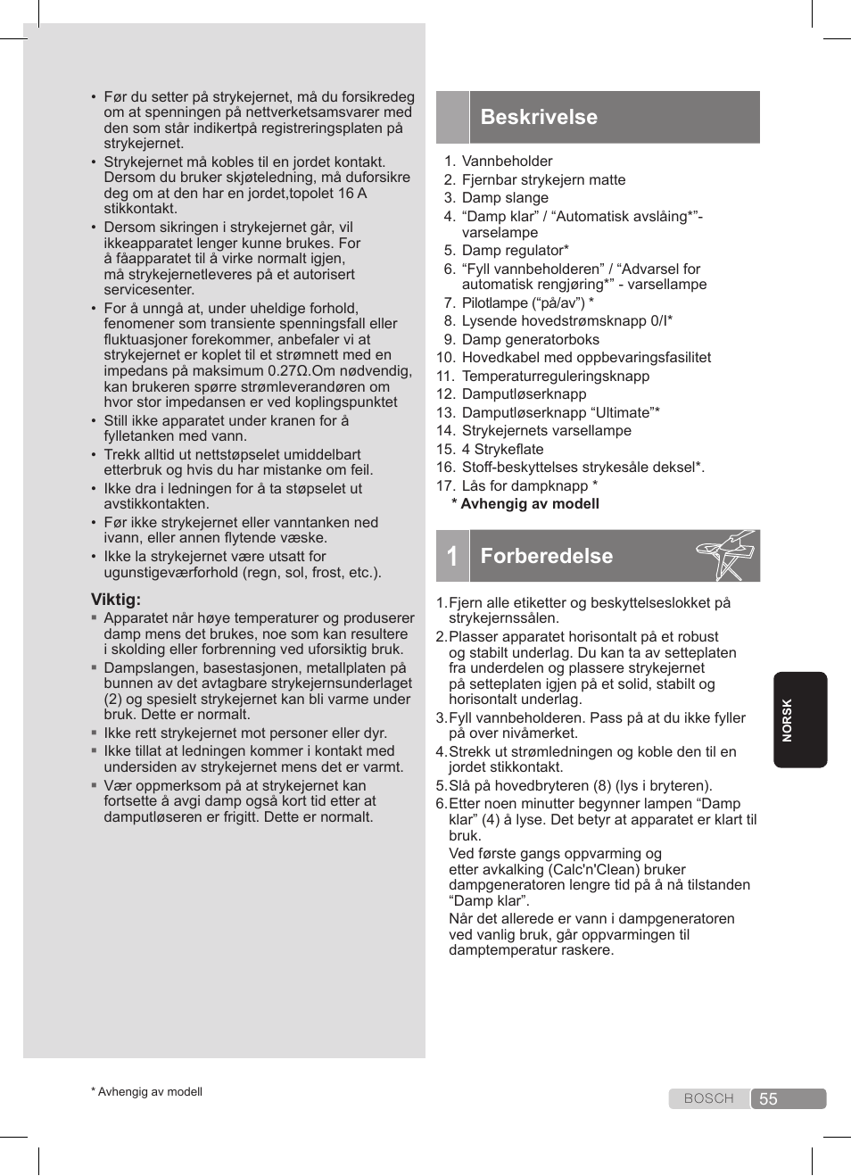 Beskrivelse, Forberedelse | Bosch TDS3511 weiß schwarz Dampfstation Sensixx B35L User Manual | Page 55 / 160