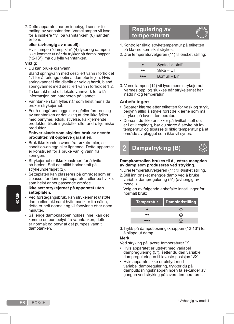 Regulering av temperaturen, Dampstryking (b) | Bosch TDS3511 weiß schwarz Dampfstation Sensixx B35L User Manual | Page 56 / 160