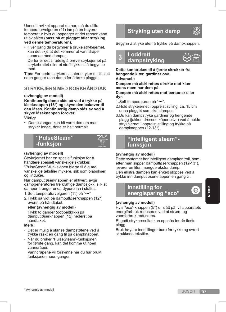 Pulsesteam” -funksjon, Stryking uten damp, Loddrett dampstryking | Intelligent steam”- funksjon, Innstilling for energisparing “eco | Bosch TDS3511 weiß schwarz Dampfstation Sensixx B35L User Manual | Page 57 / 160
