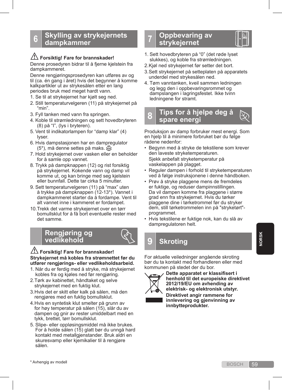 Skylling av strykejernets dampkammer, Rengjøring og vedlikehold, Oppbevaring av strykejernet | Tips for å hjelpe deg å spare energi, Skroting | Bosch TDS3511 weiß schwarz Dampfstation Sensixx B35L User Manual | Page 59 / 160