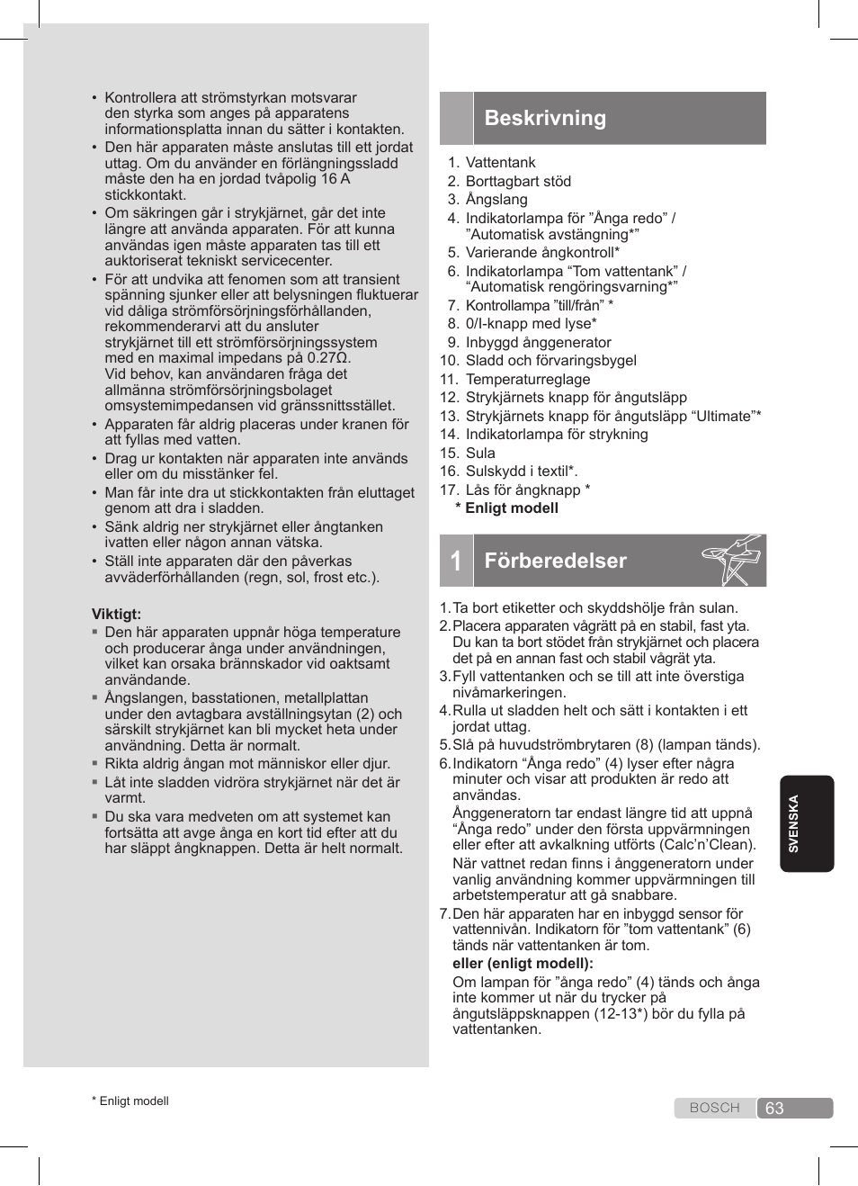 Beskrivning, Förberedelser | Bosch TDS3511 weiß schwarz Dampfstation Sensixx B35L User Manual | Page 63 / 160