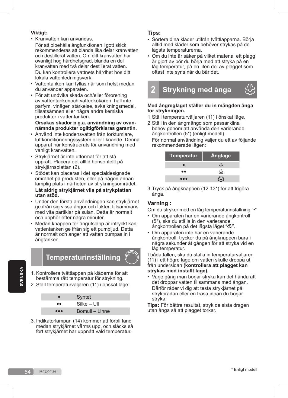 Temperaturinställning, Strykning med ånga | Bosch TDS3511 weiß schwarz Dampfstation Sensixx B35L User Manual | Page 64 / 160