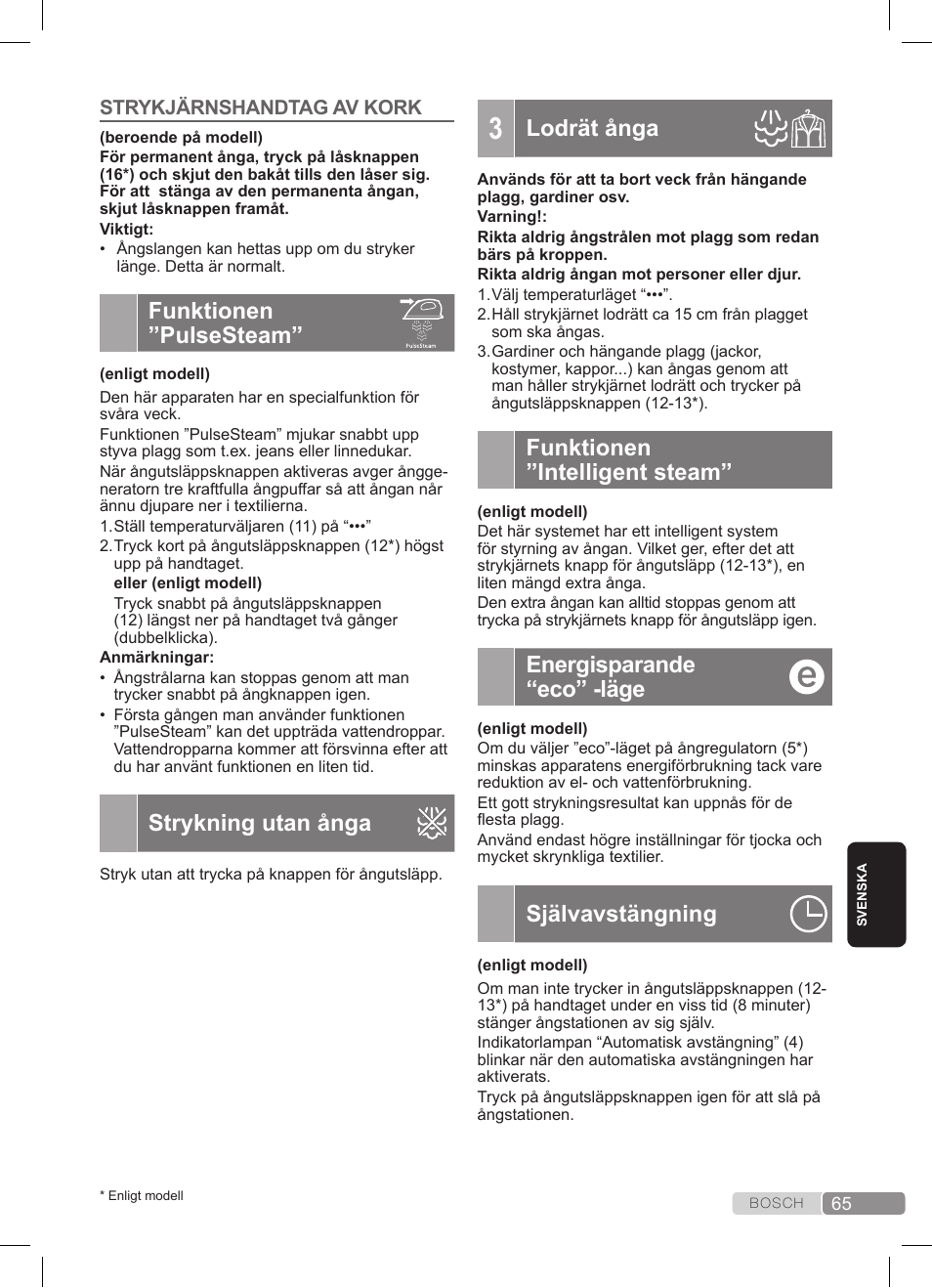 Funktionen ”pulsesteam, Strykning utan ånga, Lodrät ånga | Funktionen ”intelligent steam, Energisparande “eco” -läge, Självavstängning | Bosch TDS3511 weiß schwarz Dampfstation Sensixx B35L User Manual | Page 65 / 160