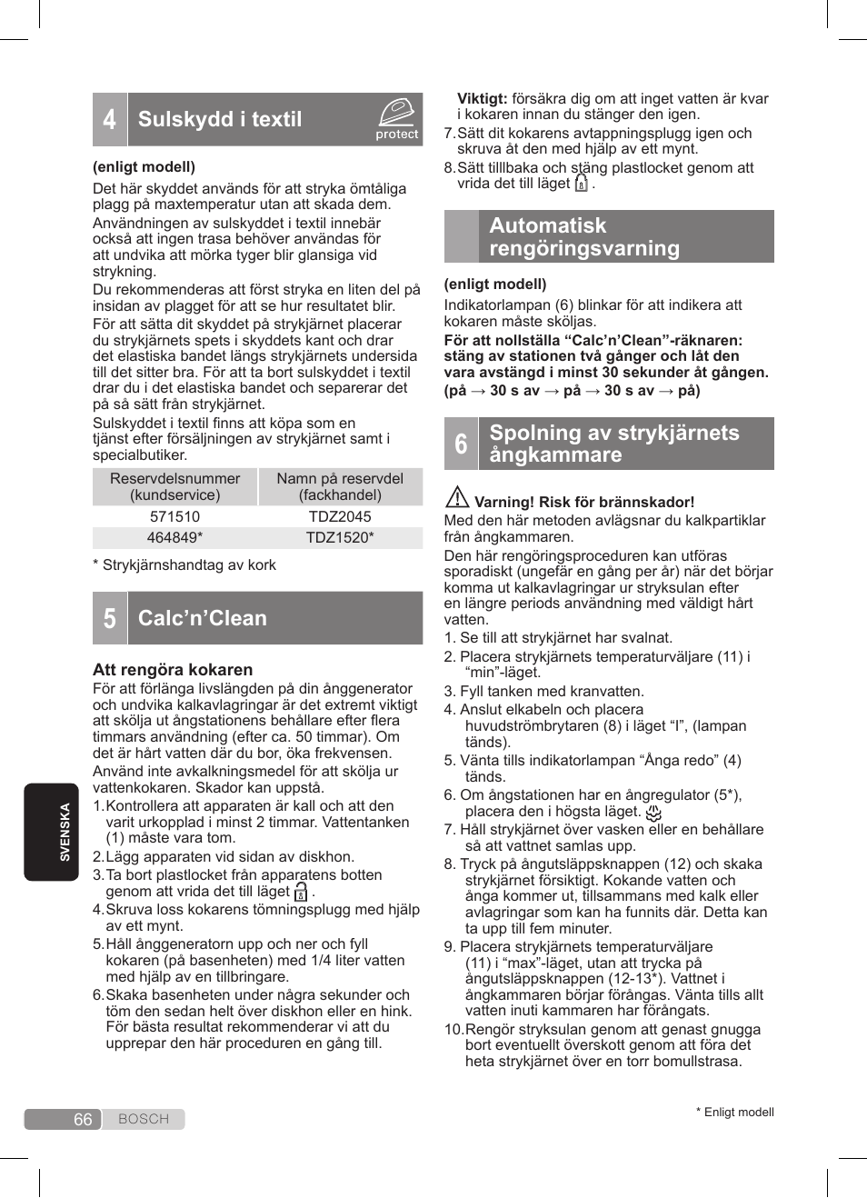 Sulskydd i textil, Calc’n’clean, Automatisk rengöringsvarning | Spolning av strykjärnets ångkammare | Bosch TDS3511 weiß schwarz Dampfstation Sensixx B35L User Manual | Page 66 / 160