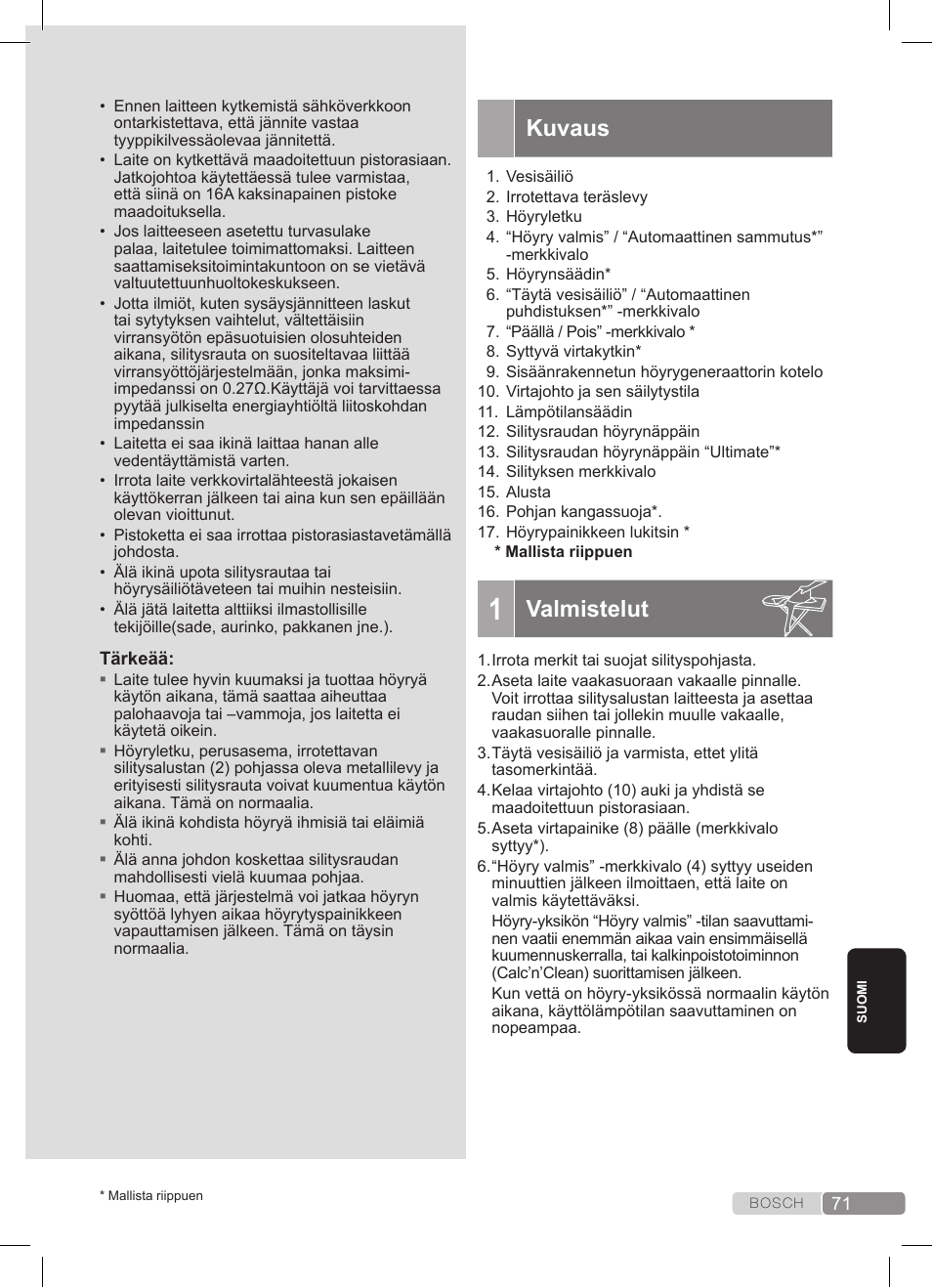 Kuvaus, Valmistelut | Bosch TDS3511 weiß schwarz Dampfstation Sensixx B35L User Manual | Page 71 / 160
