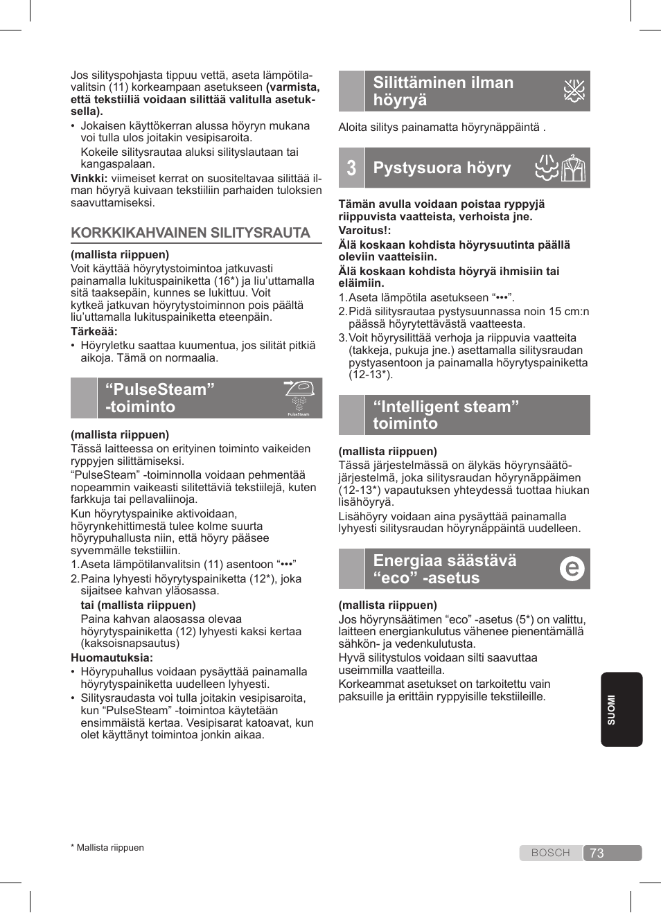 Pulsesteam” -toiminto, Silittäminen ilman höyryä, Pystysuora höyry | Intelligent steam” toiminto, Energiaa säästävä “eco” -asetus | Bosch TDS3511 weiß schwarz Dampfstation Sensixx B35L User Manual | Page 73 / 160
