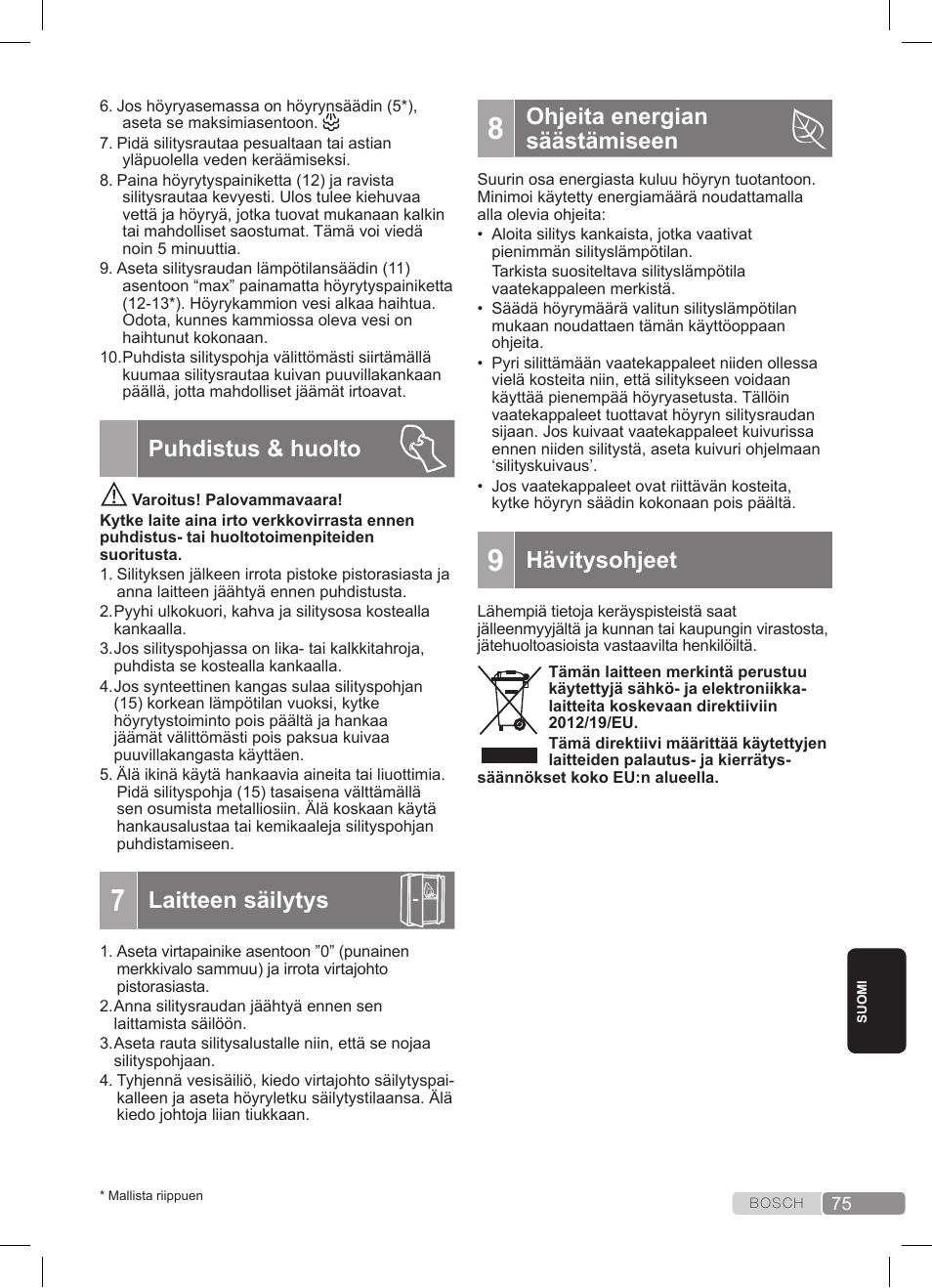 Puhdistus & huolto, Laitteen säilytys, Ohjeita energian säästämiseen | Hävitysohjeet | Bosch TDS3511 weiß schwarz Dampfstation Sensixx B35L User Manual | Page 75 / 160