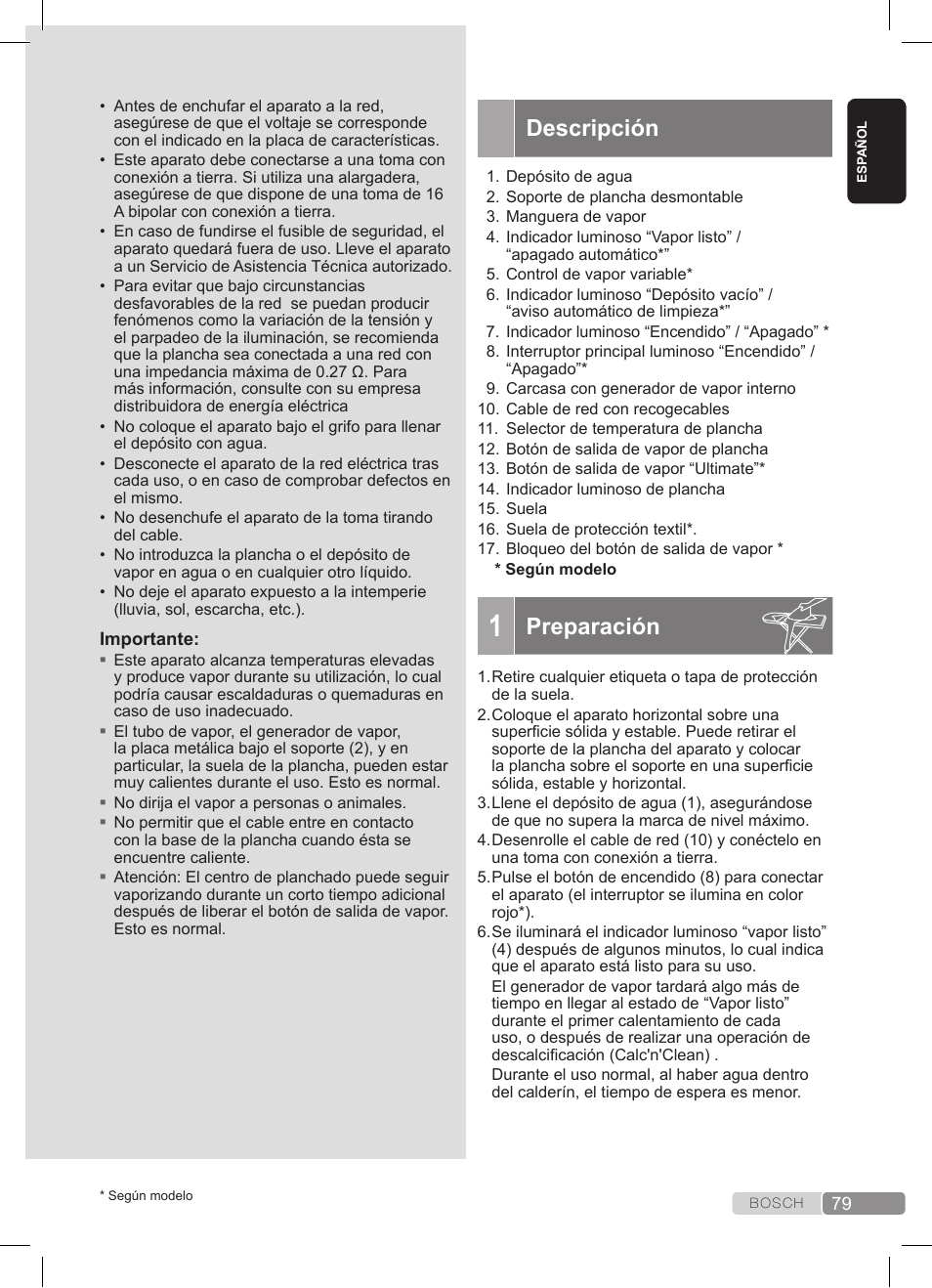 Descripción, Preparación | Bosch TDS3511 weiß schwarz Dampfstation Sensixx B35L User Manual | Page 79 / 160