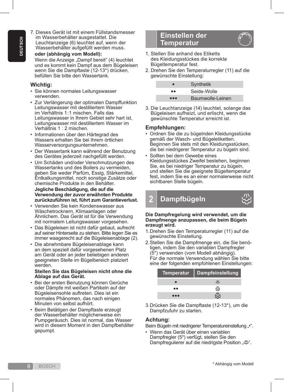 Einstellen der temperatur, Dampfbügeln | Bosch TDS3511 weiß schwarz Dampfstation Sensixx B35L User Manual | Page 8 / 160