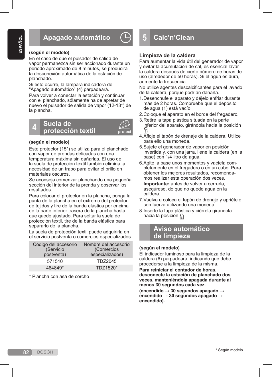 Apagado automático, Suela de protección textil, Calc’n’clean | Aviso automático de limpieza | Bosch TDS3511 weiß schwarz Dampfstation Sensixx B35L User Manual | Page 82 / 160