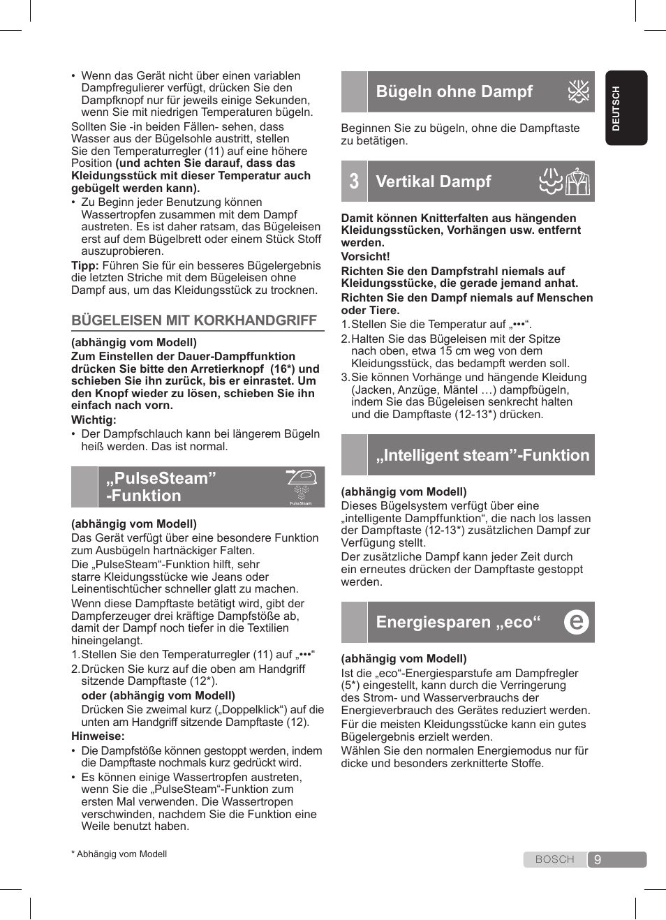 Pulsesteam” -funktion, Bügeln ohne dampf, Vertikal dampf | Intelligent steam”-funktion, Energiesparen „eco, Bügeleisen mit korkhandgriff | Bosch TDS3511 weiß schwarz Dampfstation Sensixx B35L User Manual | Page 9 / 160