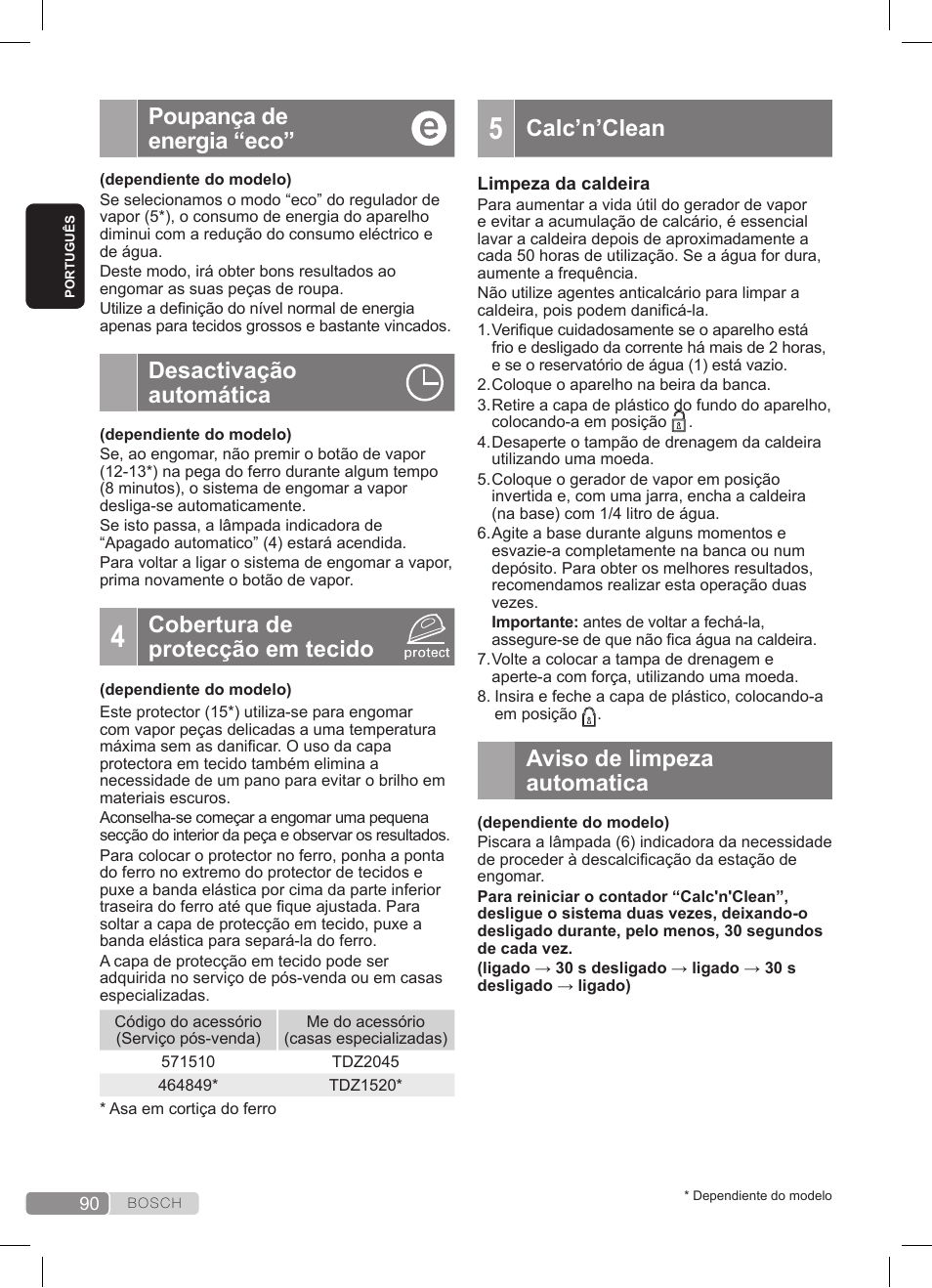 Poupança de energia “eco, Desactivação automática, Cobertura de protecção em tecido | Calc’n’clean, Aviso de limpeza automatica | Bosch TDS3511 weiß schwarz Dampfstation Sensixx B35L User Manual | Page 90 / 160