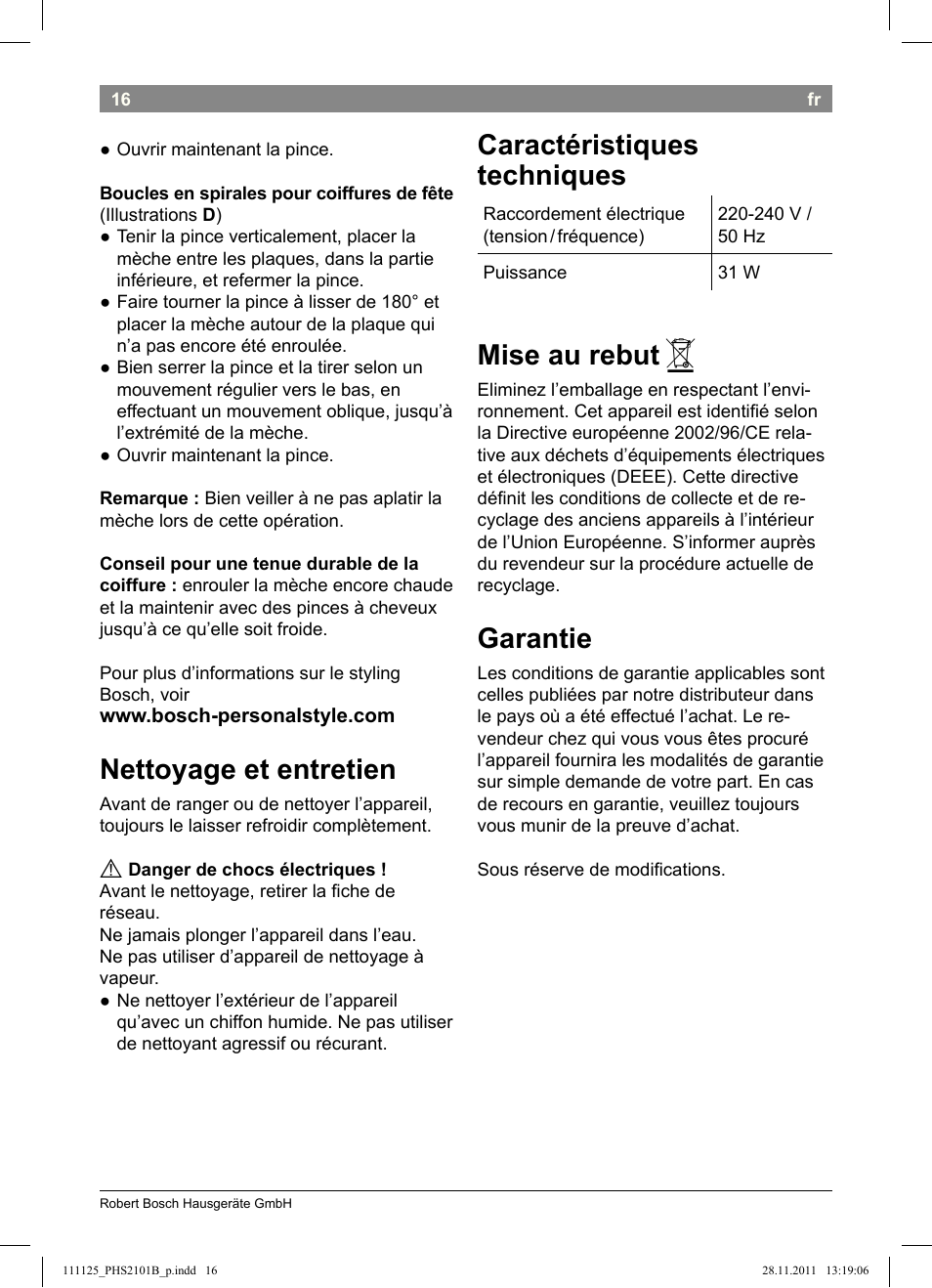 Nettoyage et entretien, Caractéristiques techniques, Mise au rebut | Garantie | Bosch PHS2101 Haarglätter StarShine StraightStyle User Manual | Page 20 / 108