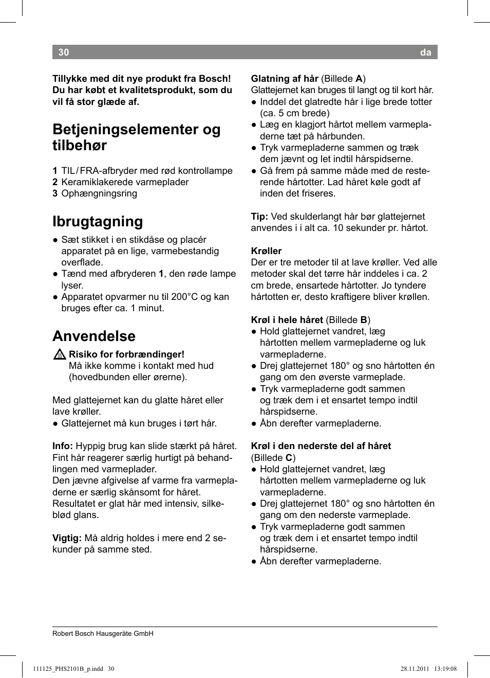 Betjeningselementer og tilbehør, Ibrugtagning, Anvendelse | Bosch PHS2101 Haarglätter StarShine StraightStyle User Manual | Page 34 / 108