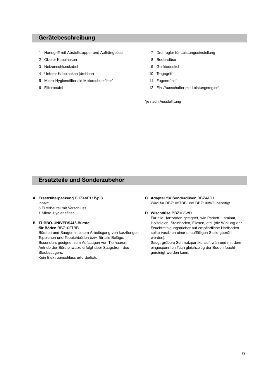 Gerätebeschreibung ersatzteile und sonderzubehör | Bosch flexa Handstaubsauger BHS21600 nordkapblau-metallic User Manual | Page 10 / 35