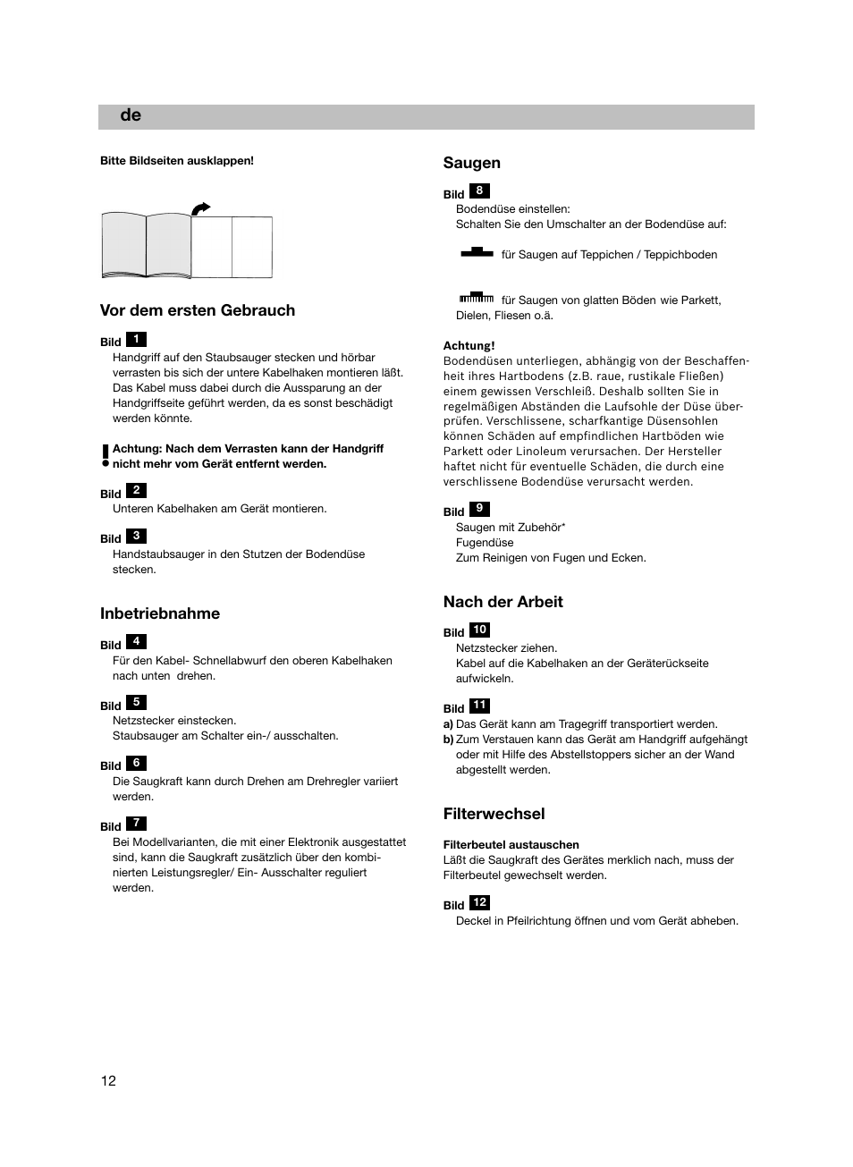 Vor dem ersten gebrauch, Inbetriebnahme, Saugen | Nach der arbeit, Filterwechsel | Bosch flexa Handstaubsauger BHS21600 nordkapblau-metallic User Manual | Page 13 / 35