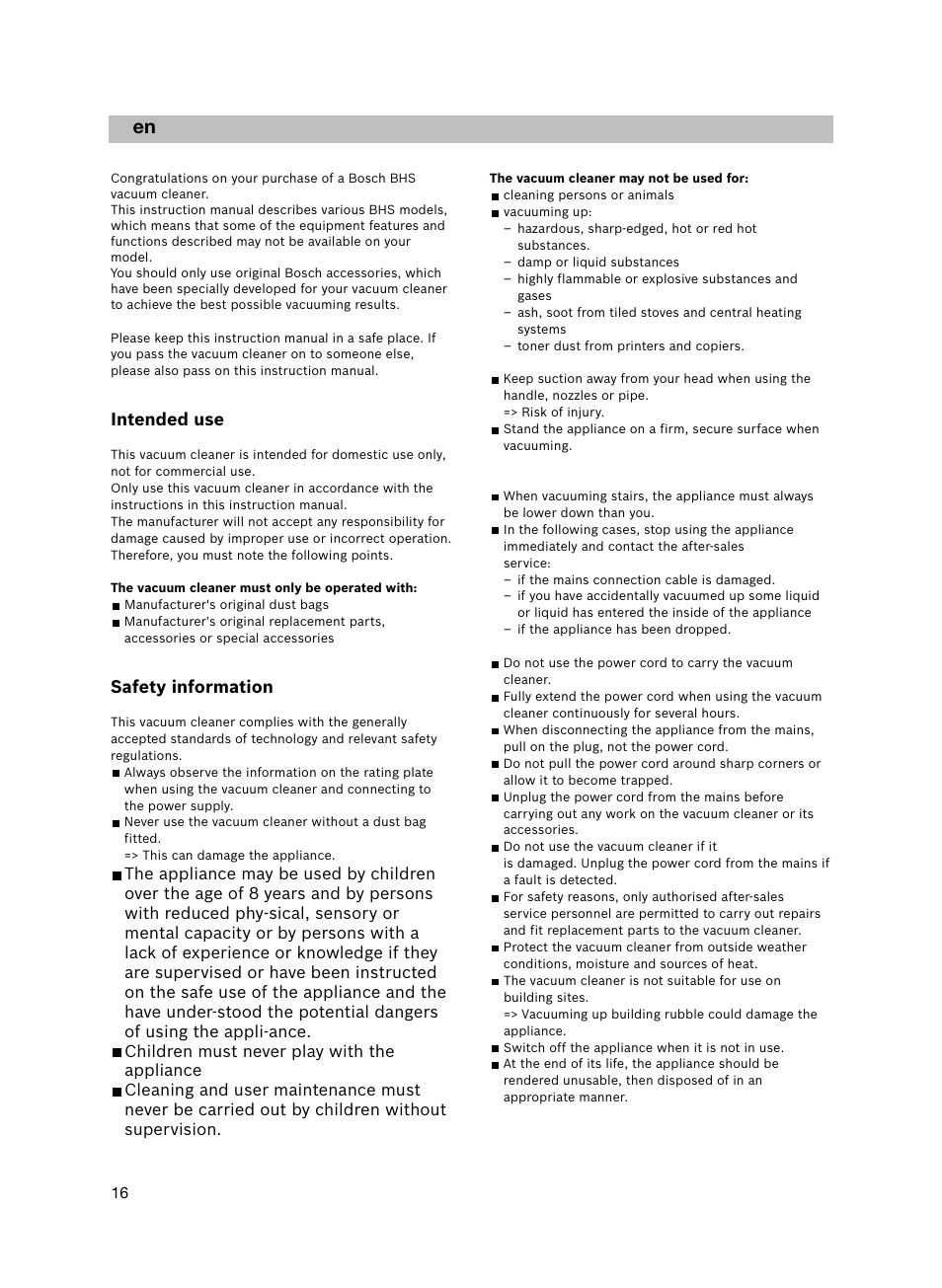 Intended use, Safety information | Bosch flexa Handstaubsauger BHS21600 nordkapblau-metallic User Manual | Page 17 / 35