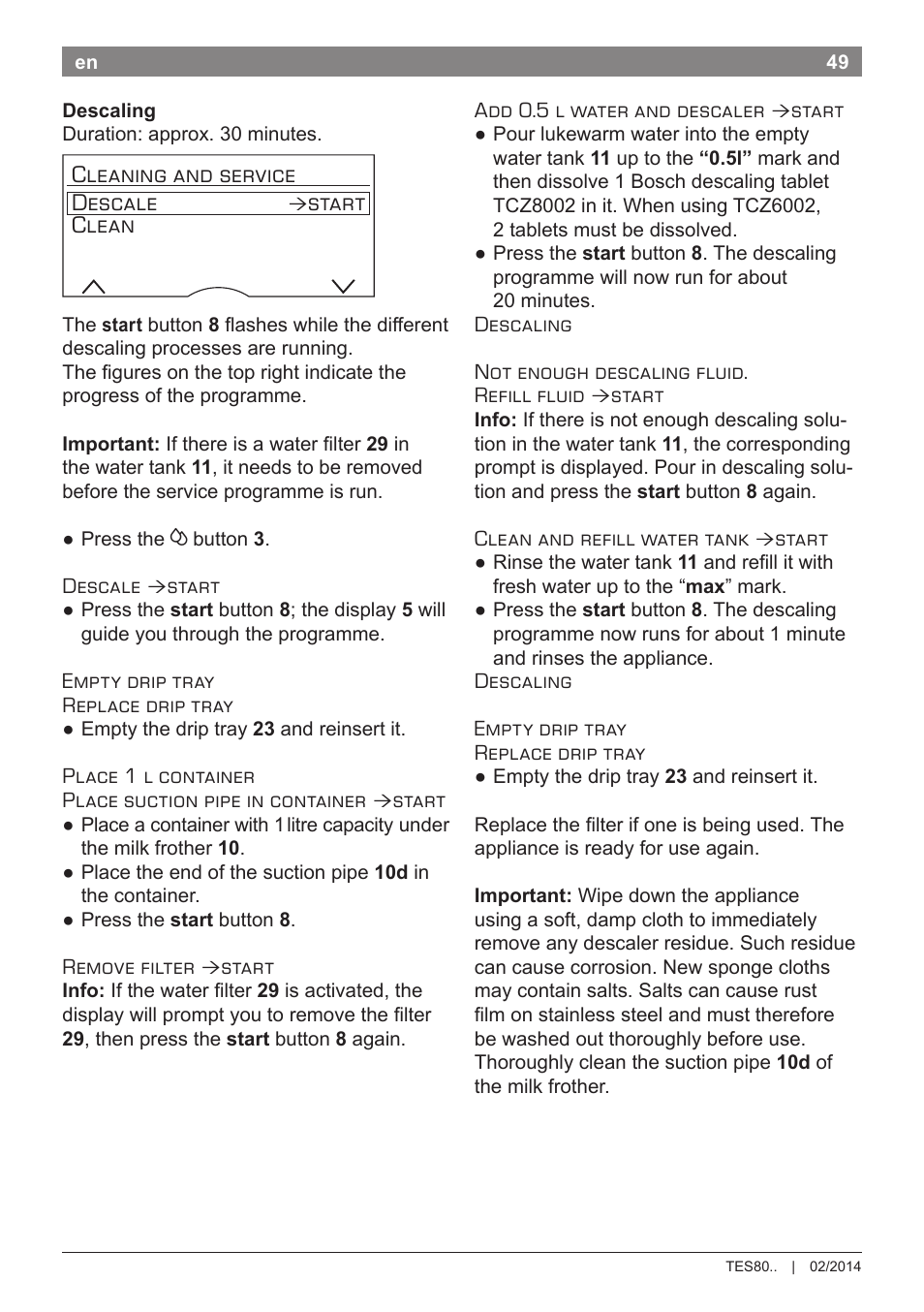 Cleaning and service descale, Start clean | Bosch TES80359DE VeroSelection 300 Kaffeevollautomat Front Edelstahl Gehäuse hochglanz anthrazit User Manual | Page 53 / 120