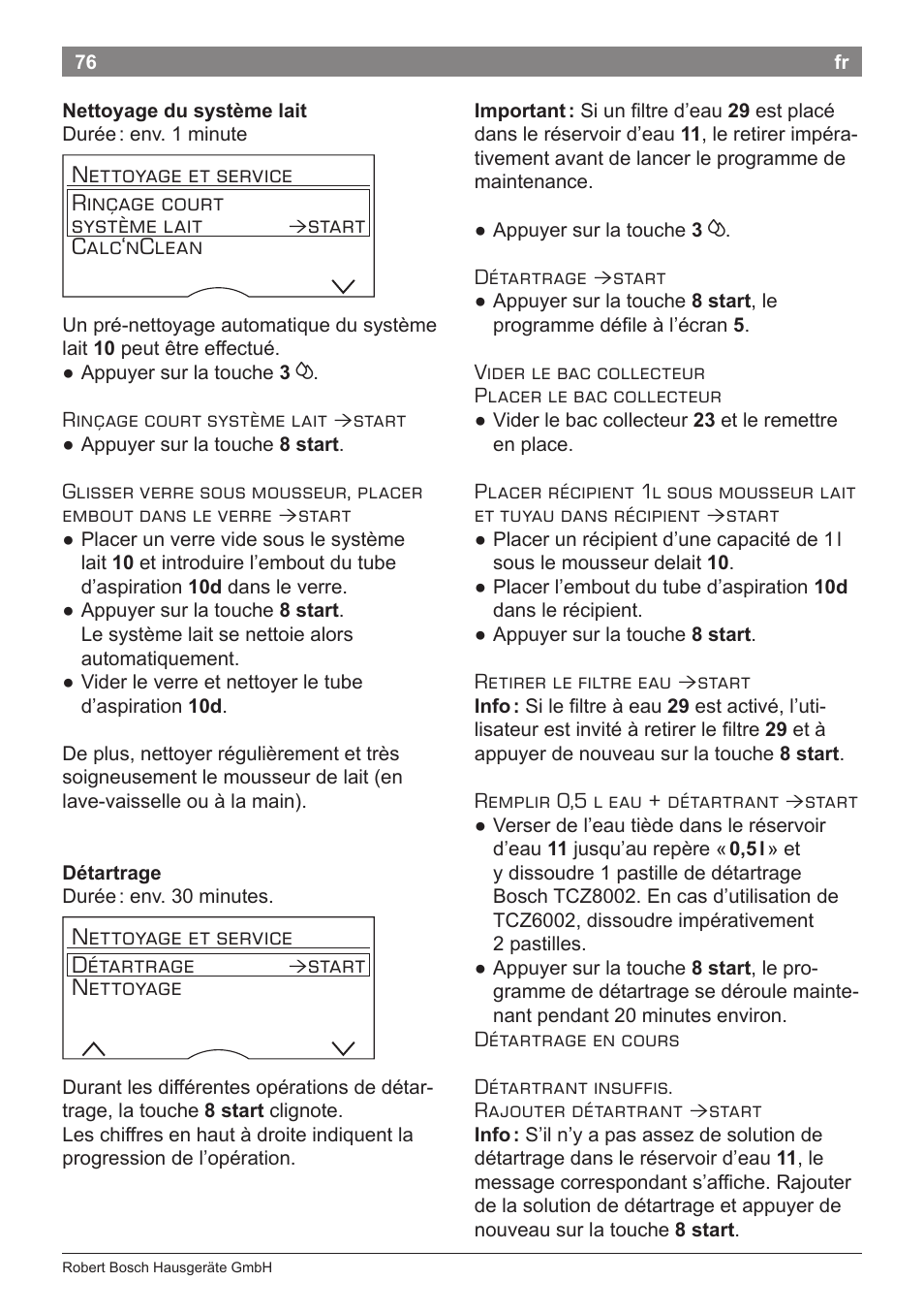 Nettoyage et service rinçage court système lait, Start calc‘nclean, Nettoyage et service détartrage | Start nettoyage | Bosch TES80359DE VeroSelection 300 Kaffeevollautomat Front Edelstahl Gehäuse hochglanz anthrazit User Manual | Page 80 / 120