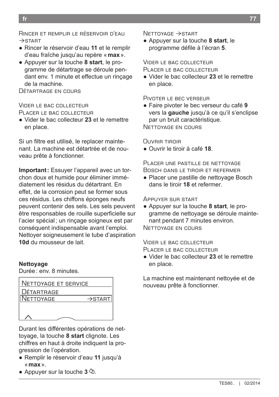 Nettoyage et service détartrage nettoyage, Start | Bosch TES80359DE VeroSelection 300 Kaffeevollautomat Front Edelstahl Gehäuse hochglanz anthrazit User Manual | Page 81 / 120