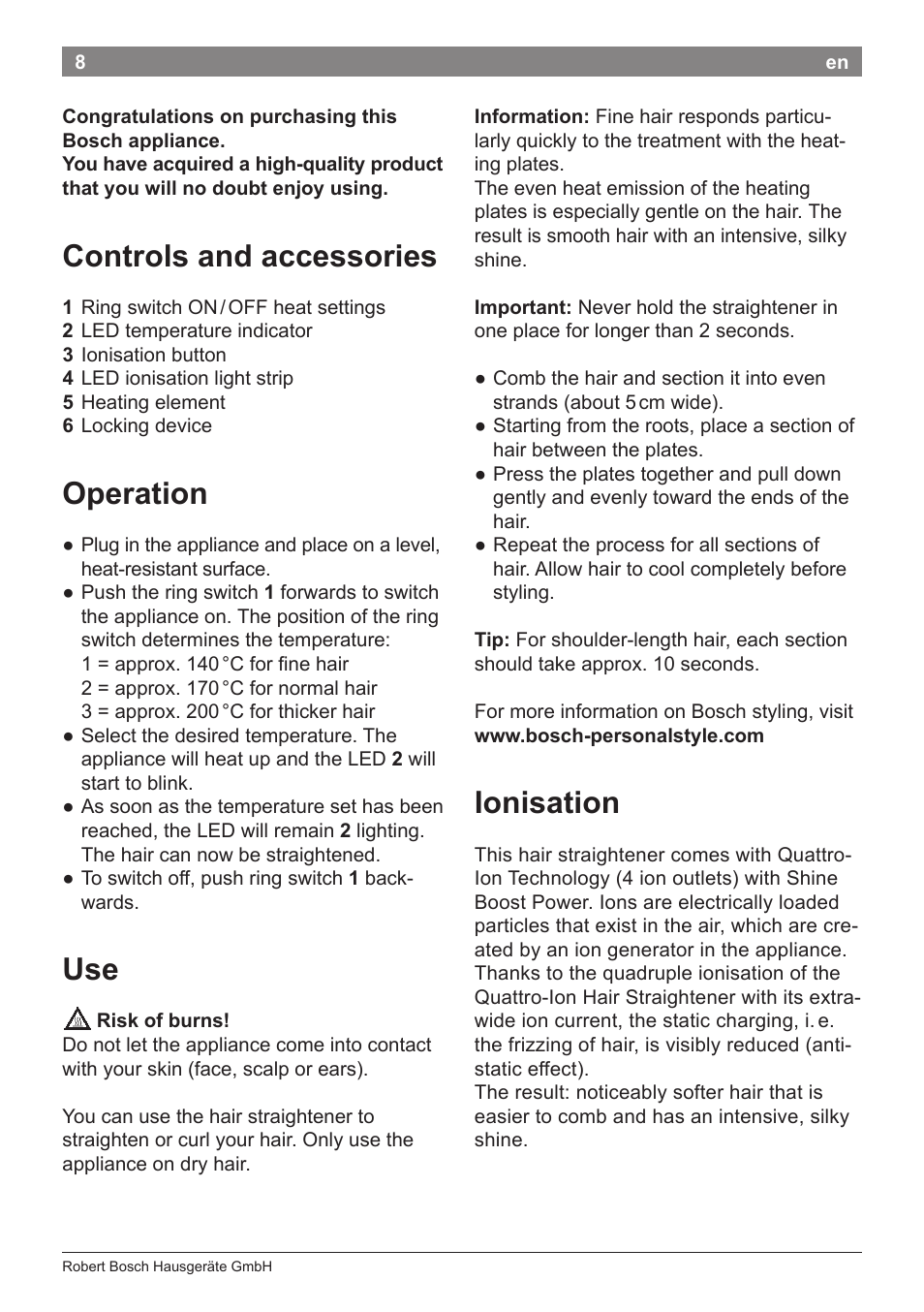 Controls and accessories, Operation, Ionisation | Bosch PHS5263 Haarglätter BrilliantCare Quattro-Ion User Manual | Page 10 / 90
