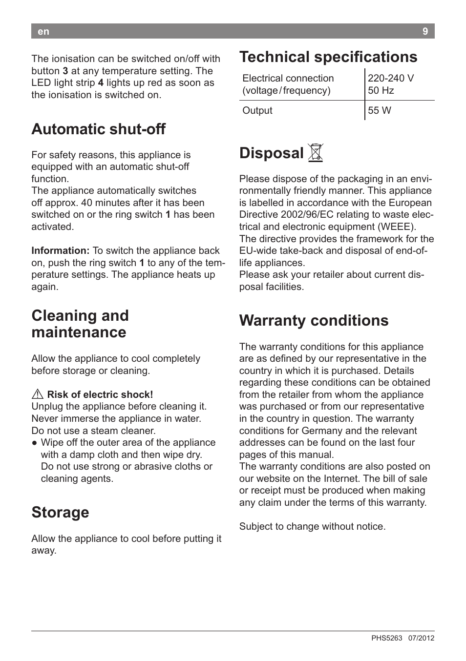 Automatic shut-off, Cleaning and maintenance, Storage | Technical specifications, Disposal, Warranty conditions | Bosch PHS5263 Haarglätter BrilliantCare Quattro-Ion User Manual | Page 11 / 90