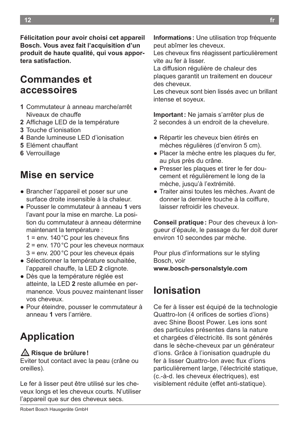 Commandes et accessoires, Mise en service, Application | Ionisation | Bosch PHS5263 Haarglätter BrilliantCare Quattro-Ion User Manual | Page 14 / 90