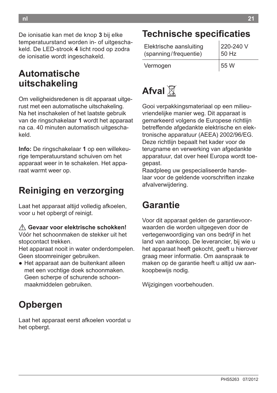 Automatische uitschakeling, Reiniging en verzorging, Opbergen | Technische specificaties, Afval, Garantie | Bosch PHS5263 Haarglätter BrilliantCare Quattro-Ion User Manual | Page 23 / 90
