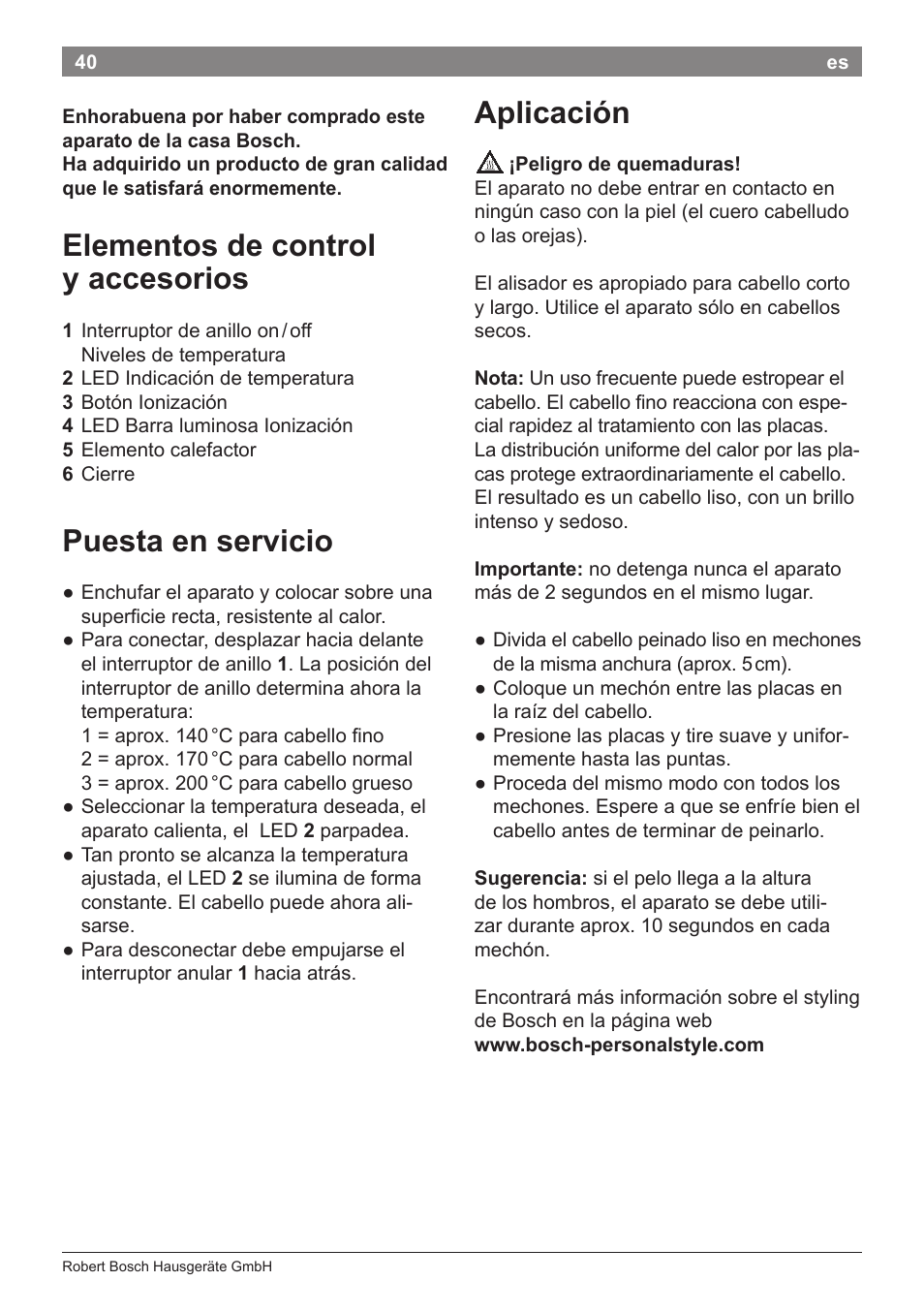 Elementos de control y accesorios, Puesta en servicio, Aplicación | Bosch PHS5263 Haarglätter BrilliantCare Quattro-Ion User Manual | Page 42 / 90