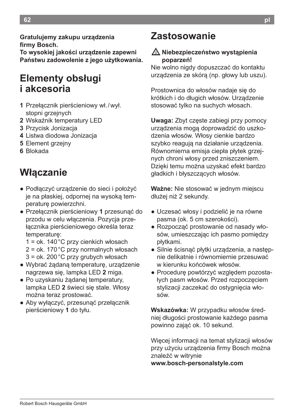 Elementy obsługi i akcesoria, Włączanie, Zastosowanie | Bosch PHS5263 Haarglätter BrilliantCare Quattro-Ion User Manual | Page 64 / 90