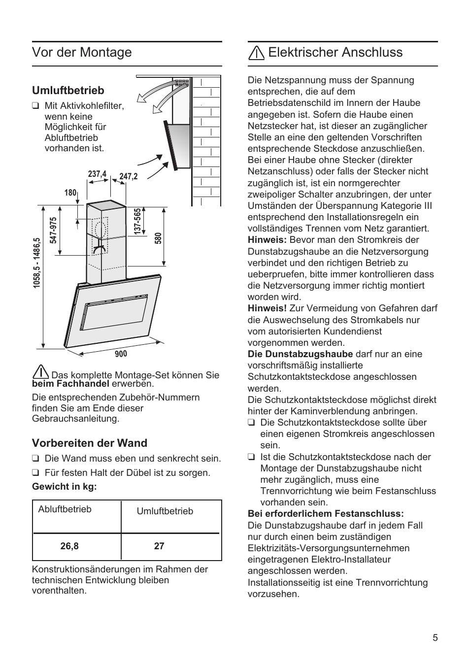 Vor der montage, Elektrischer anschluss | Bosch DWK09M720 Polar Weiß Wandesse 90 cm Schräg-Essen-Design User Manual | Page 5 / 32