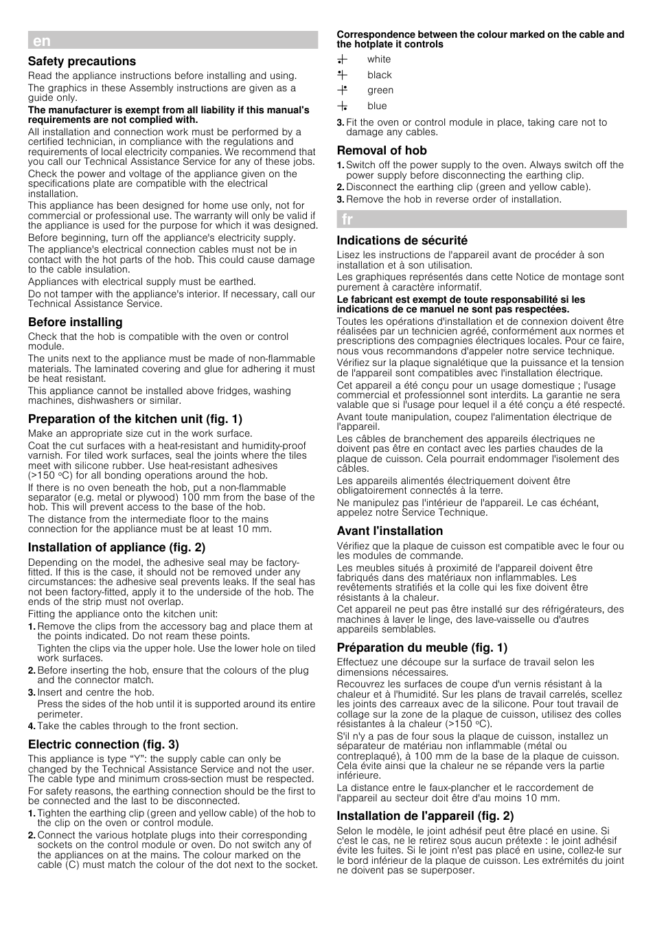 Ú installation instructions, Safety precautions, Appliances with electrical supply must be earthed | Before installing, Preparation of the kitchen unit (fig. 1), Make an appropriate size cut in the work surface, Installation of appliance (fig. 2), Fitting the appliance onto the kitchen unit, Insert and centre the hob, Take the cables through to the front section | Bosch NCM615L01 Edelstahl Chromnickelstahl Massekochplatten-Herdmulde Einbau-Kochmulde User Manual | Page 3 / 4