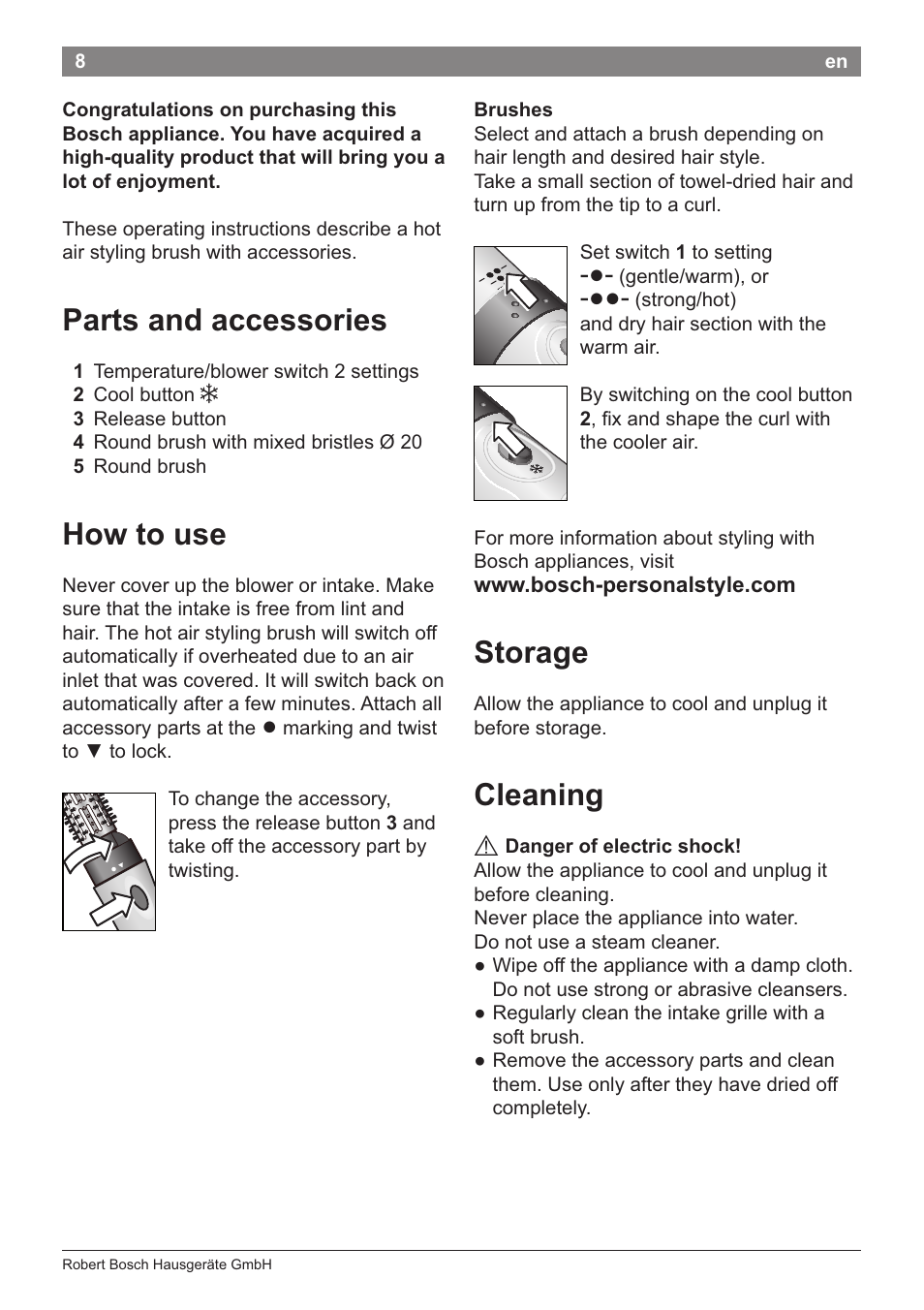 Parts and accessories, How to use, Storage | Cleaning | Bosch PHA2204 Warmluftstylingbürste Purple Passion User Manual | Page 10 / 84