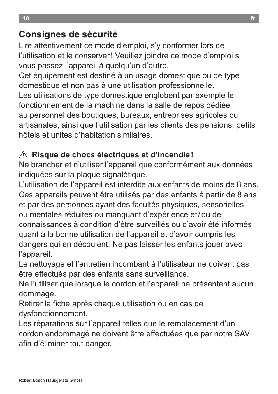 Consignes de sécurité, A risque de chocs électriques et d’incendie | Bosch PHA2204 Warmluftstylingbürste Purple Passion User Manual | Page 12 / 84