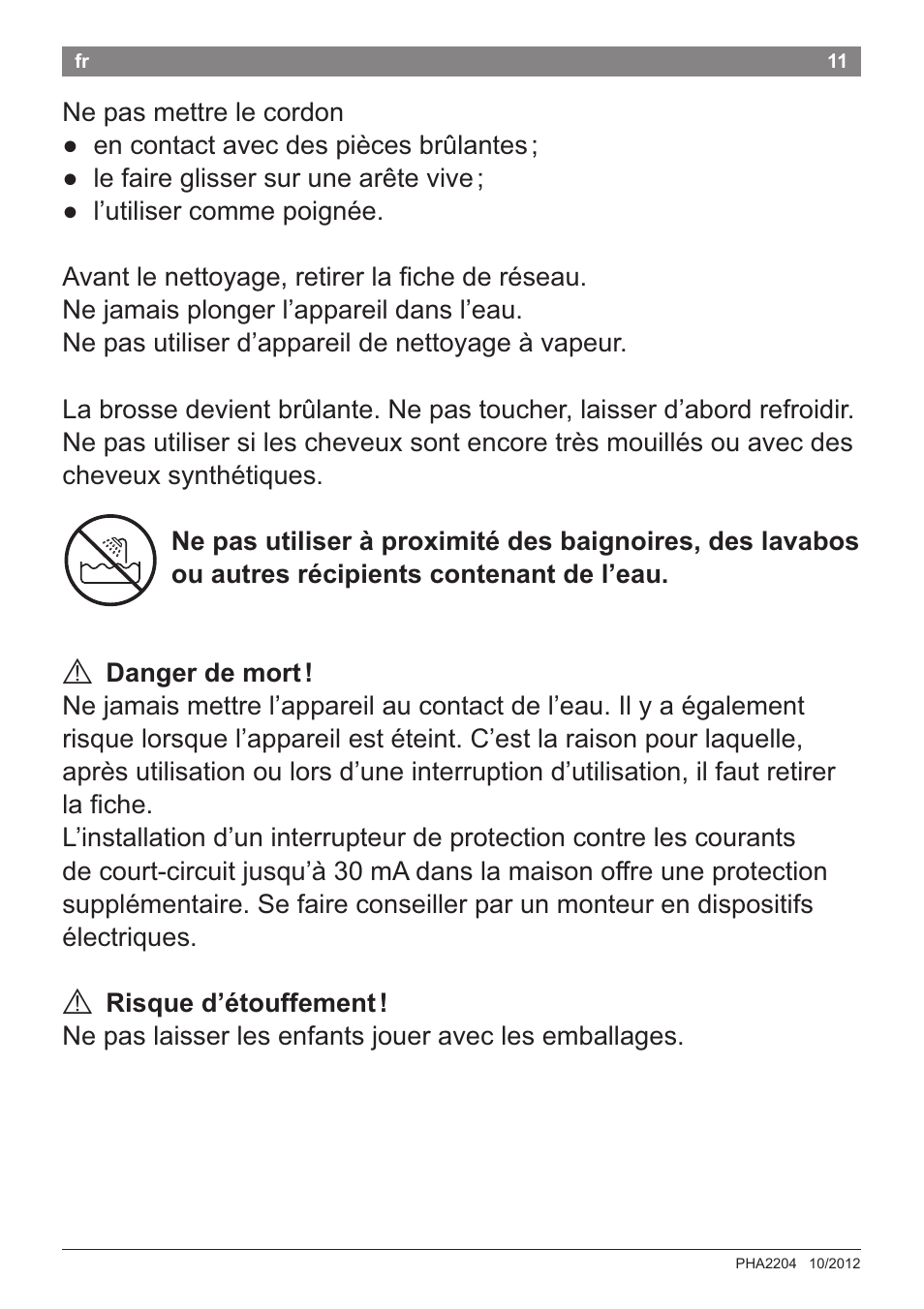 A dangerdemort, A risqued’étouffement | Bosch PHA2204 Warmluftstylingbürste Purple Passion User Manual | Page 13 / 84
