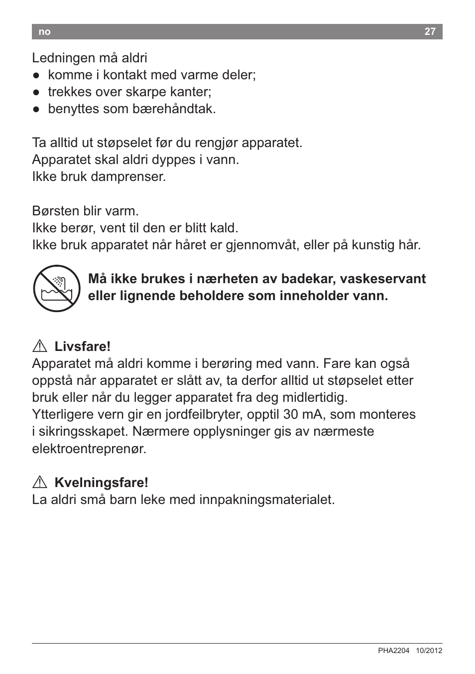 A livsfare, A kvelningsfare | Bosch PHA2204 Warmluftstylingbürste Purple Passion User Manual | Page 29 / 84