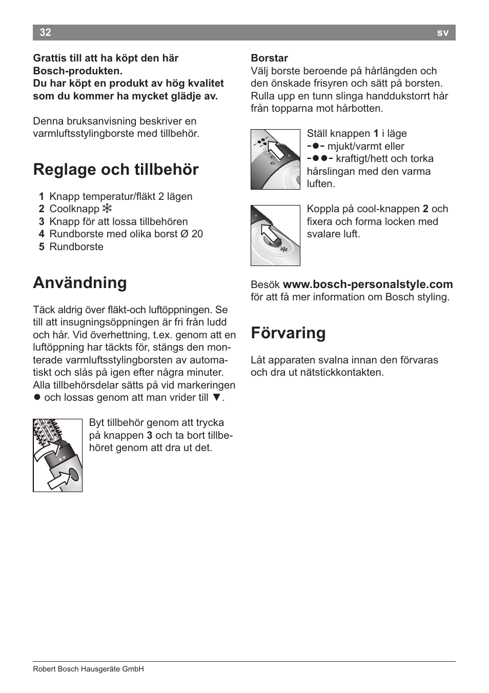 Reglage och tillbehör, Användning, Förvaring | Bosch PHA2204 Warmluftstylingbürste Purple Passion User Manual | Page 34 / 84