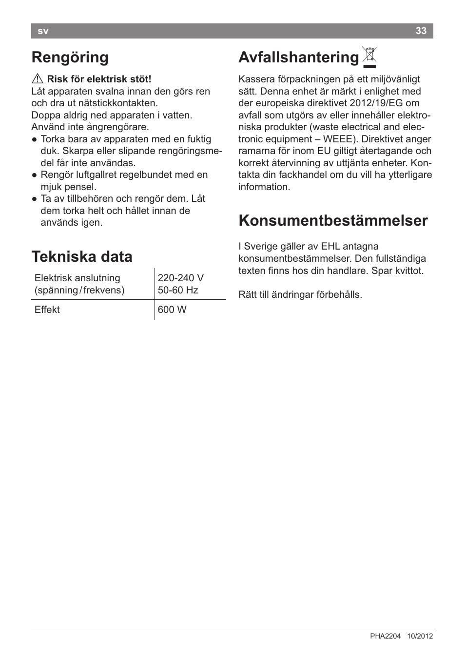 Rengöring, Avfallshantering a, Konsumentbestämmelser | Tekniska data | Bosch PHA2204 Warmluftstylingbürste Purple Passion User Manual | Page 35 / 84