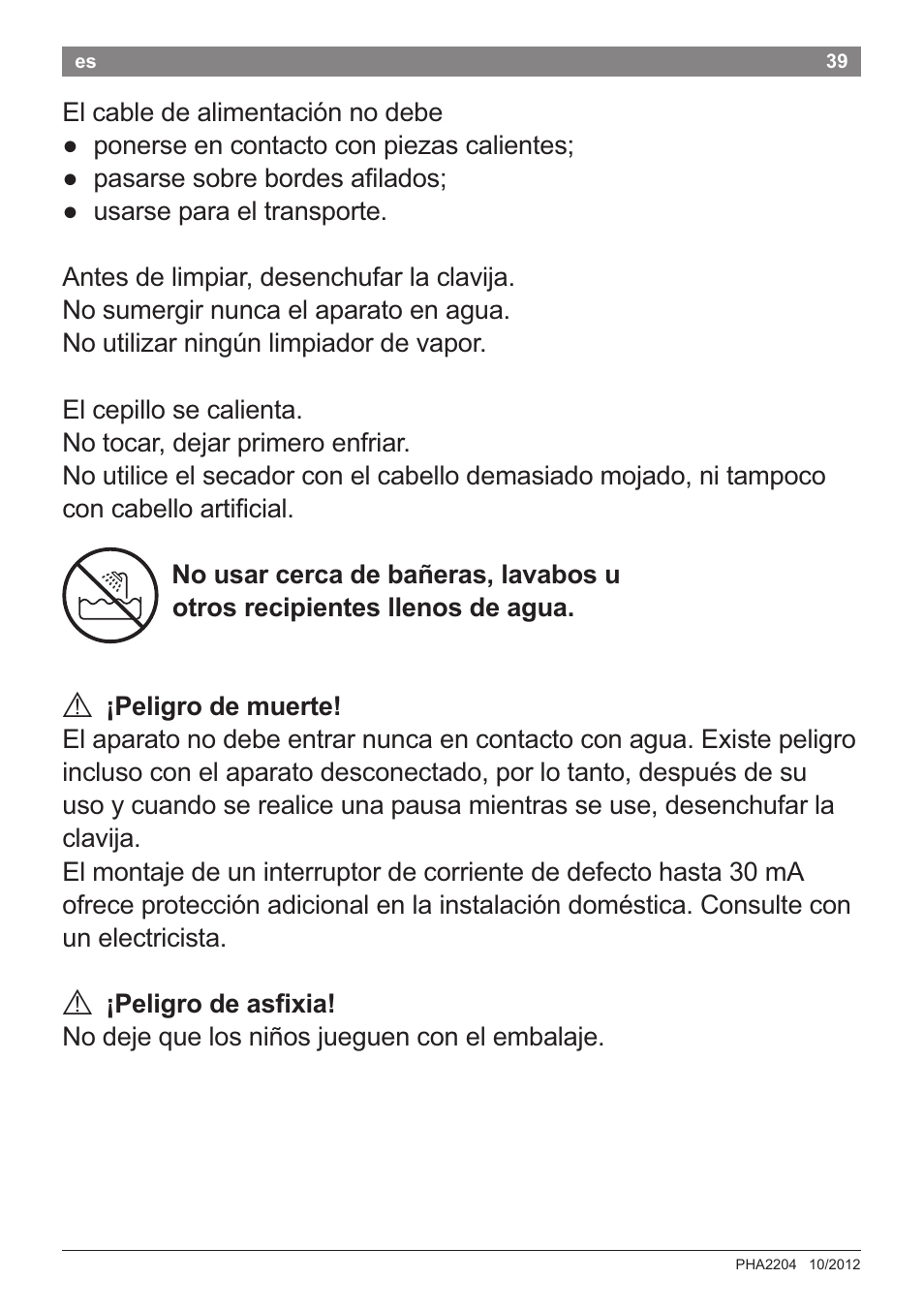 A ¡peligro de muerte, A ¡peligro de asñxia | Bosch PHA2204 Warmluftstylingbürste Purple Passion User Manual | Page 41 / 84