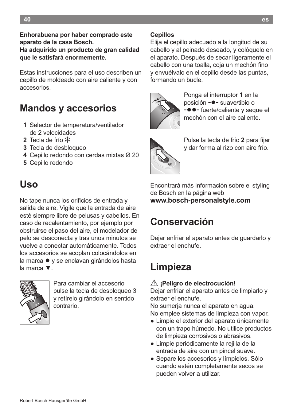 Mandos y accesorios, Conservación, Limpieza | Bosch PHA2204 Warmluftstylingbürste Purple Passion User Manual | Page 42 / 84