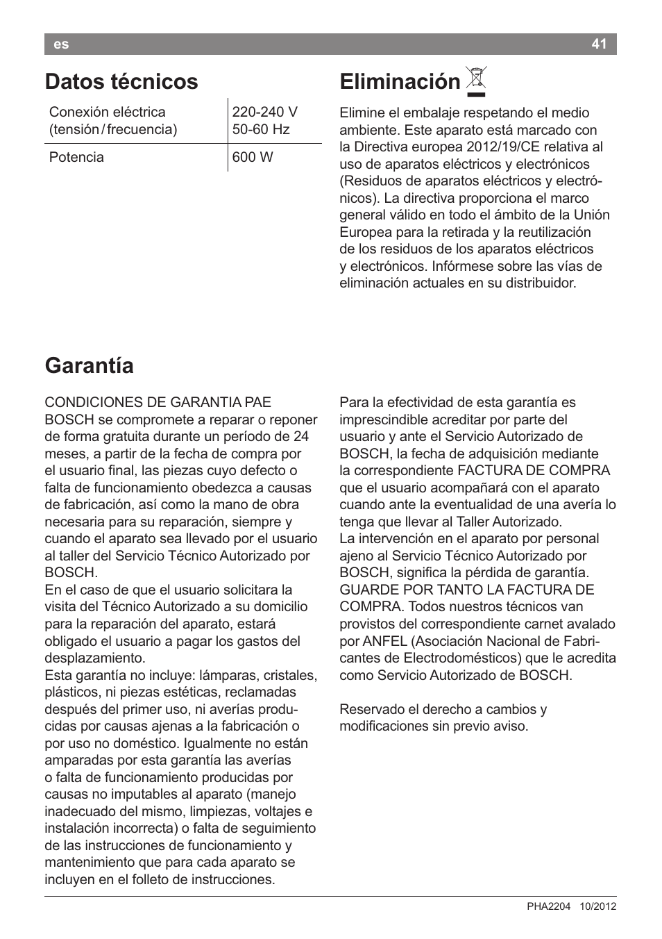 Eliminación a, Garantía, Datos técnicos | Bosch PHA2204 Warmluftstylingbürste Purple Passion User Manual | Page 43 / 84