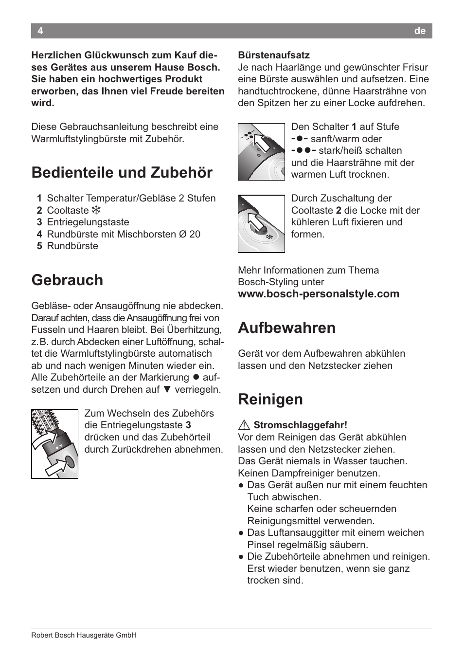 Bedienteile und zubehör, Gebrauch, Aufbewahren | Reinigen | Bosch PHA2204 Warmluftstylingbürste Purple Passion User Manual | Page 6 / 84